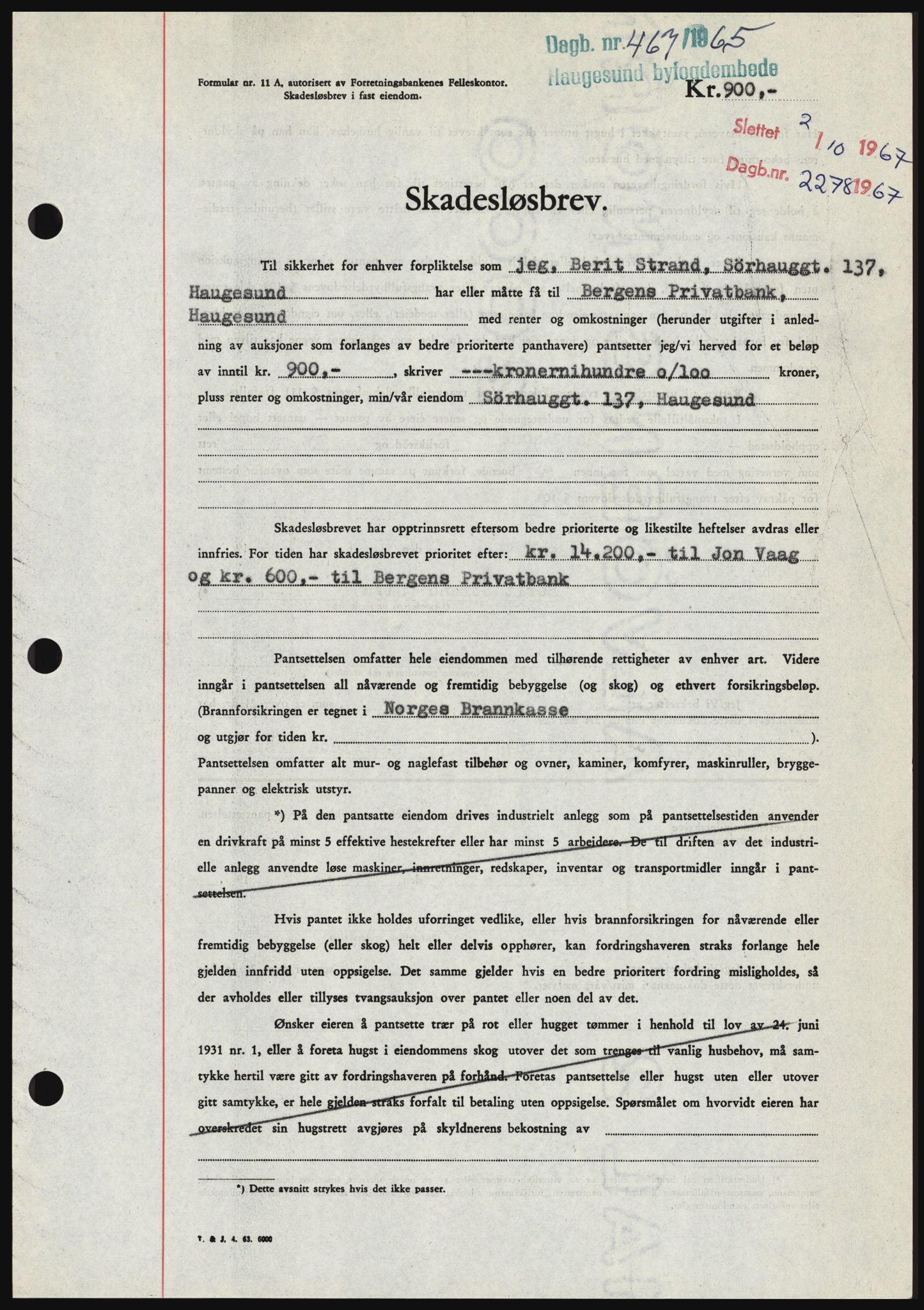 Haugesund tingrett, SAST/A-101415/01/II/IIC/L0053: Mortgage book no. B 53, 1965-1965, Diary no: : 467/1965
