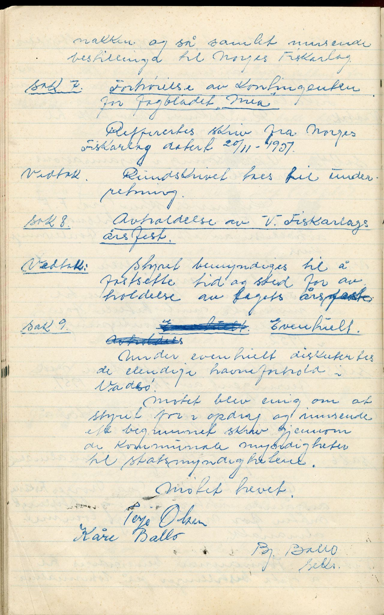 Vadsø Fiskarlag, FMFB/A-1016/A/L0001: Protokoll for styremøtene, 1926-1952, p. 225