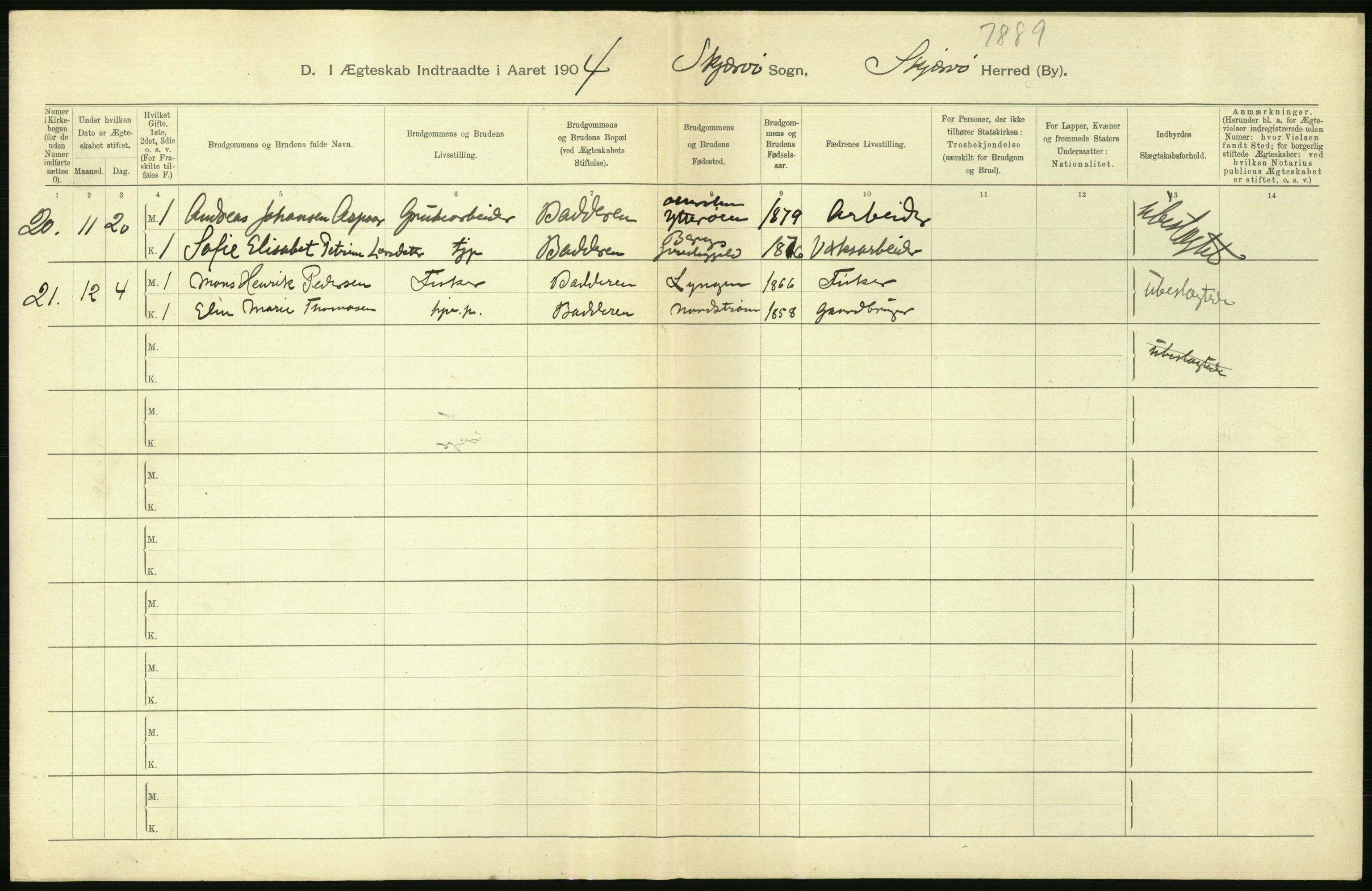 Statistisk sentralbyrå, Sosiodemografiske emner, Befolkning, AV/RA-S-2228/D/Df/Dfa/Dfab/L0022: Tromsø amt: Fødte, gifte, døde, 1904, p. 302