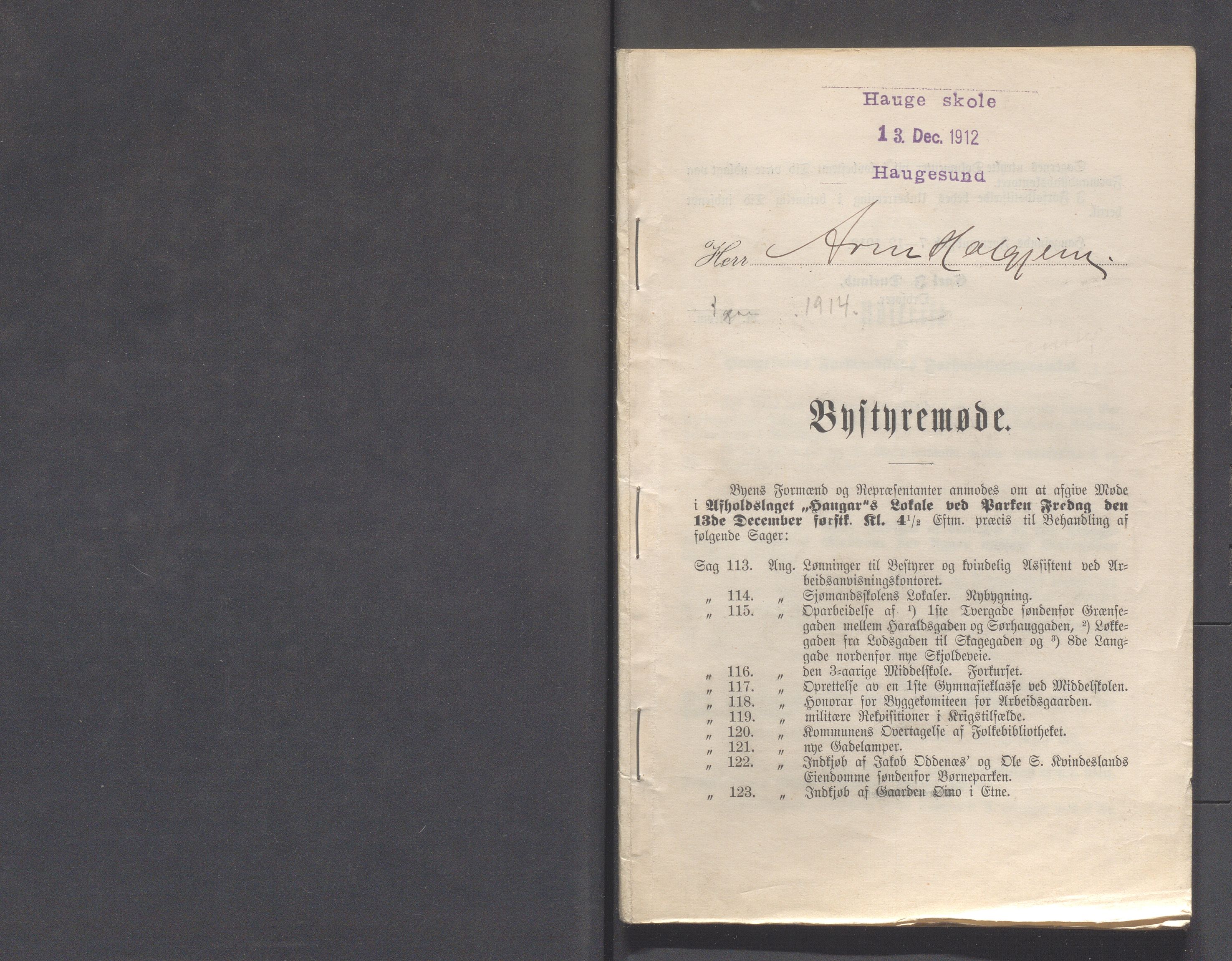 Haugesund kommune - Formannskapet og Bystyret, IKAR/A-740/A/Abb/L0002: Bystyreforhandlinger, 1908-1917, p. 391