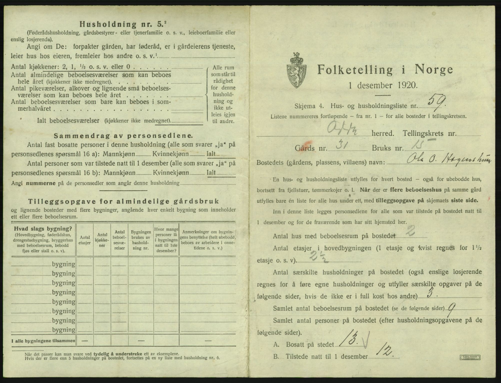 SAB, 1920 census for Odda, 1920, p. 877