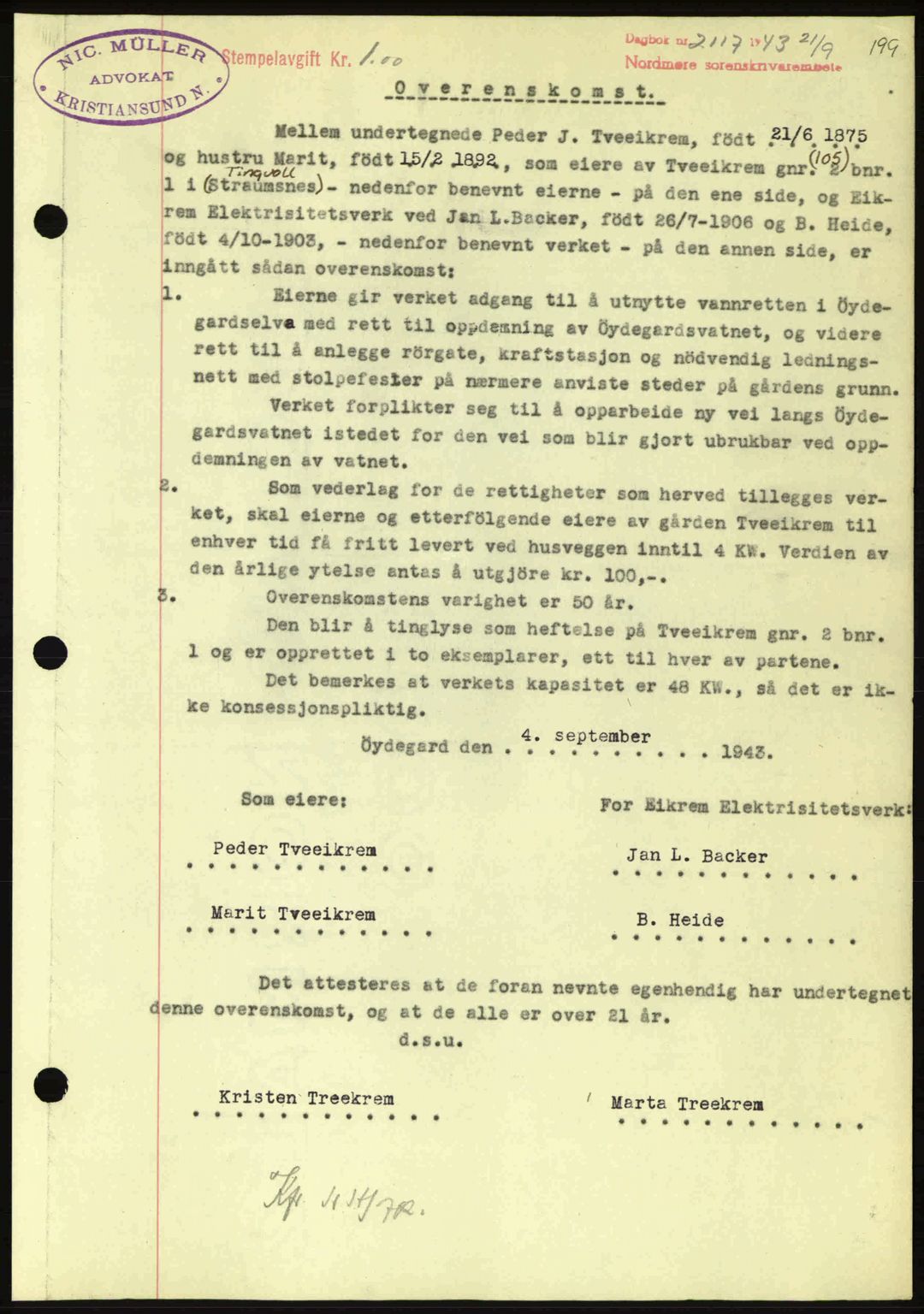 Nordmøre sorenskriveri, AV/SAT-A-4132/1/2/2Ca: Mortgage book no. B91, 1943-1944, Diary no: : 2096/1943