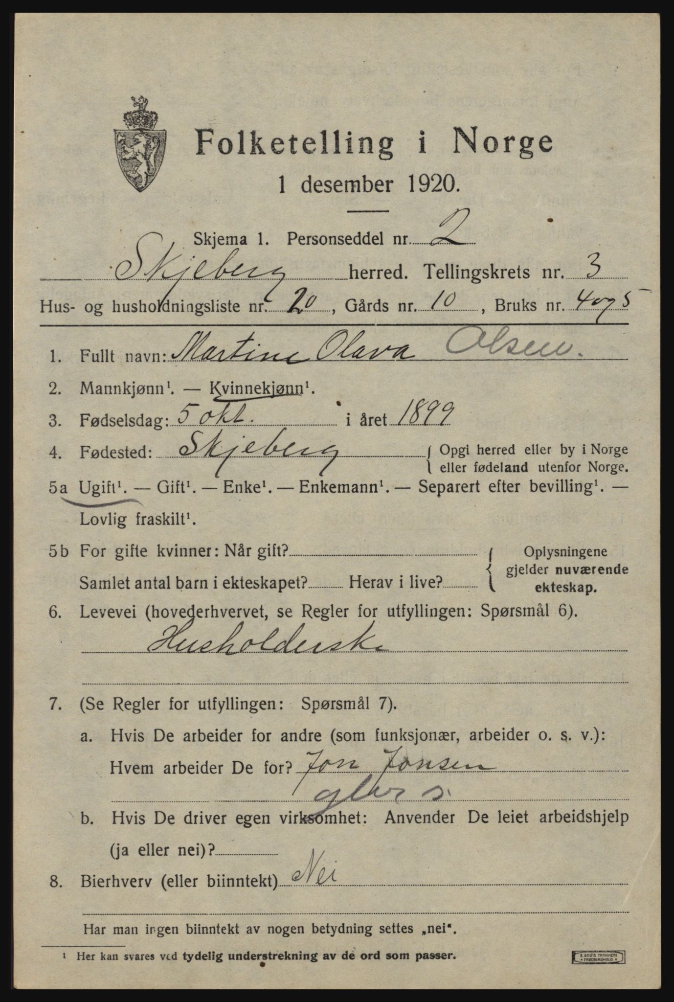 SAO, 1920 census for Skjeberg, 1920, p. 4605