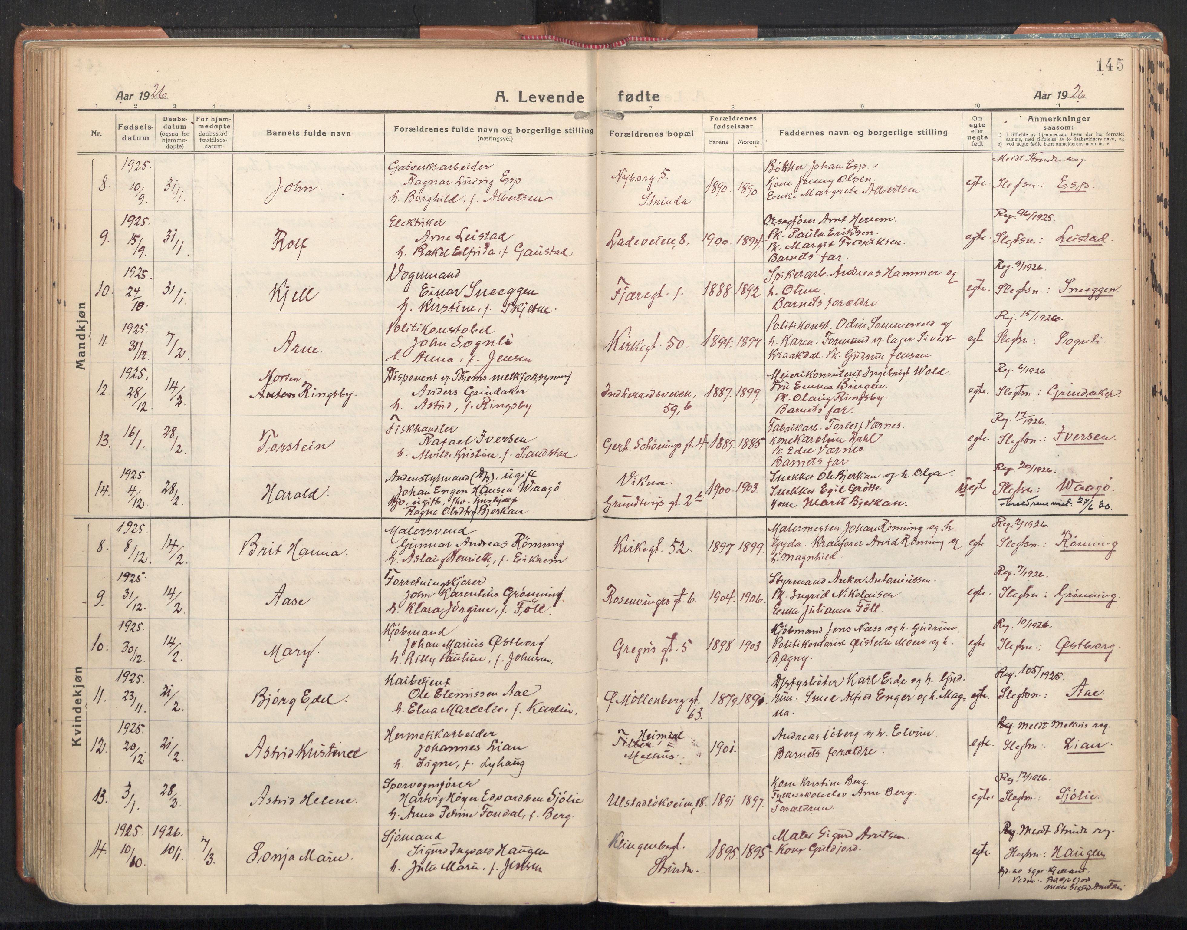 Ministerialprotokoller, klokkerbøker og fødselsregistre - Sør-Trøndelag, SAT/A-1456/605/L0248: Parish register (official) no. 605A10, 1920-1937, p. 145