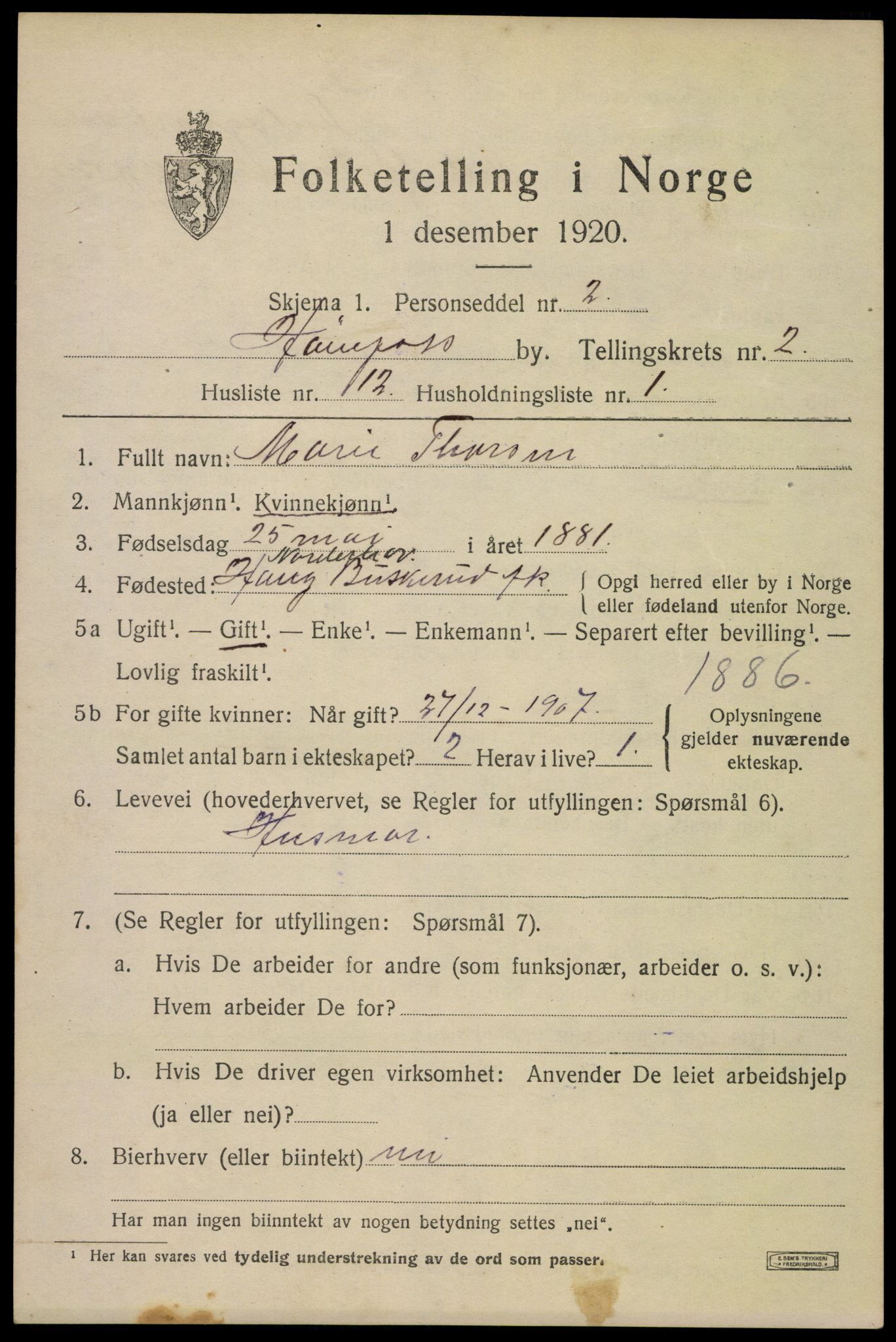 SAKO, 1920 census for Hønefoss, 1920, p. 4076