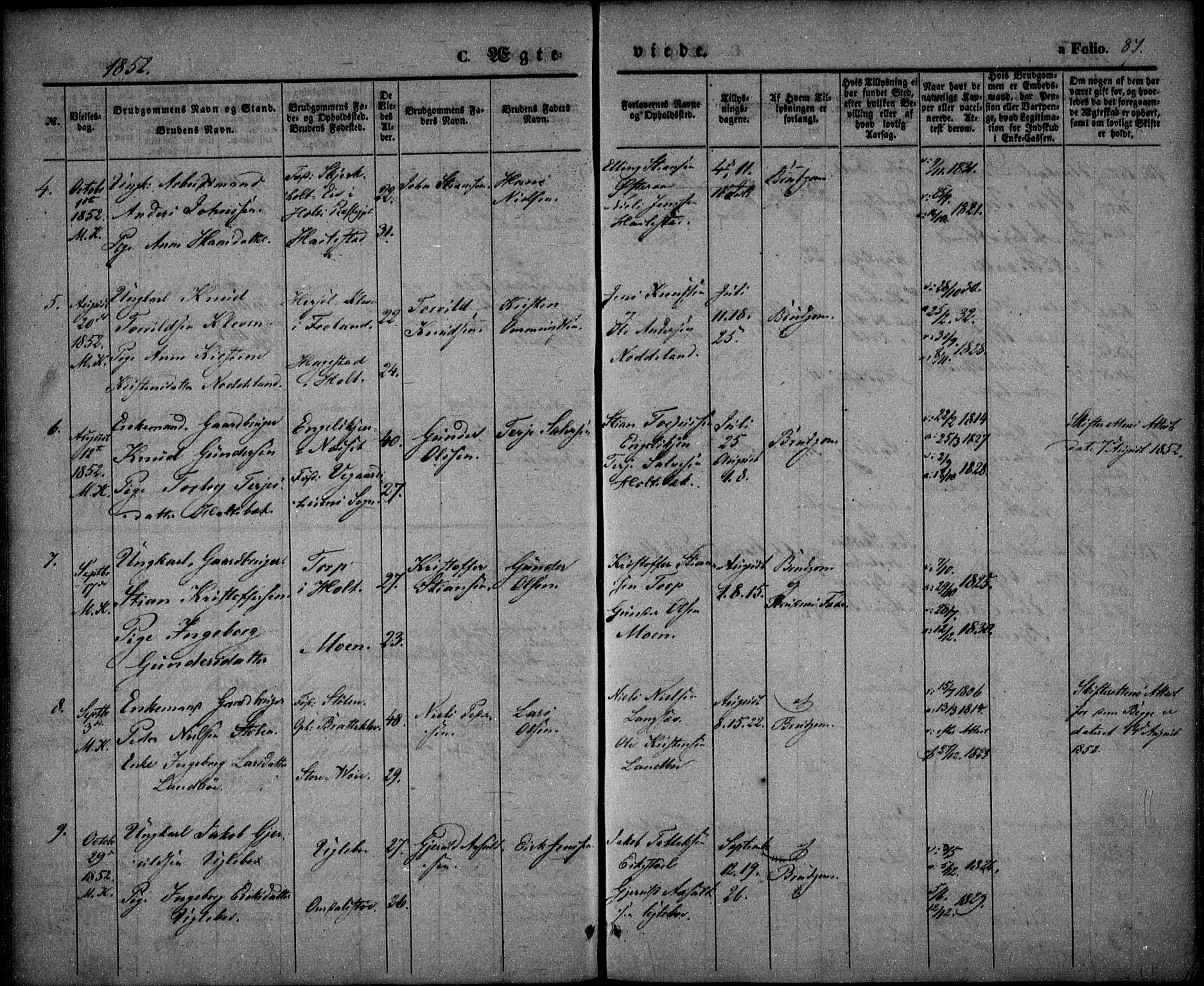 Austre Moland sokneprestkontor, AV/SAK-1111-0001/F/Fa/Faa/L0007: Parish register (official) no. A 7, 1847-1857, p. 87