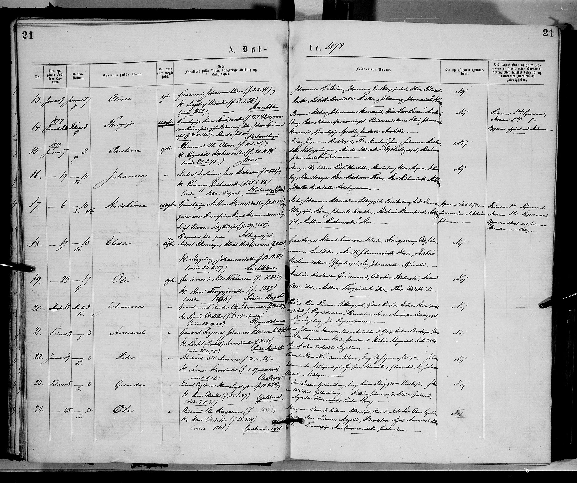 Øyer prestekontor, SAH/PREST-084/H/Ha/Haa/L0007: Parish register (official) no. 7, 1875-1878, p. 21