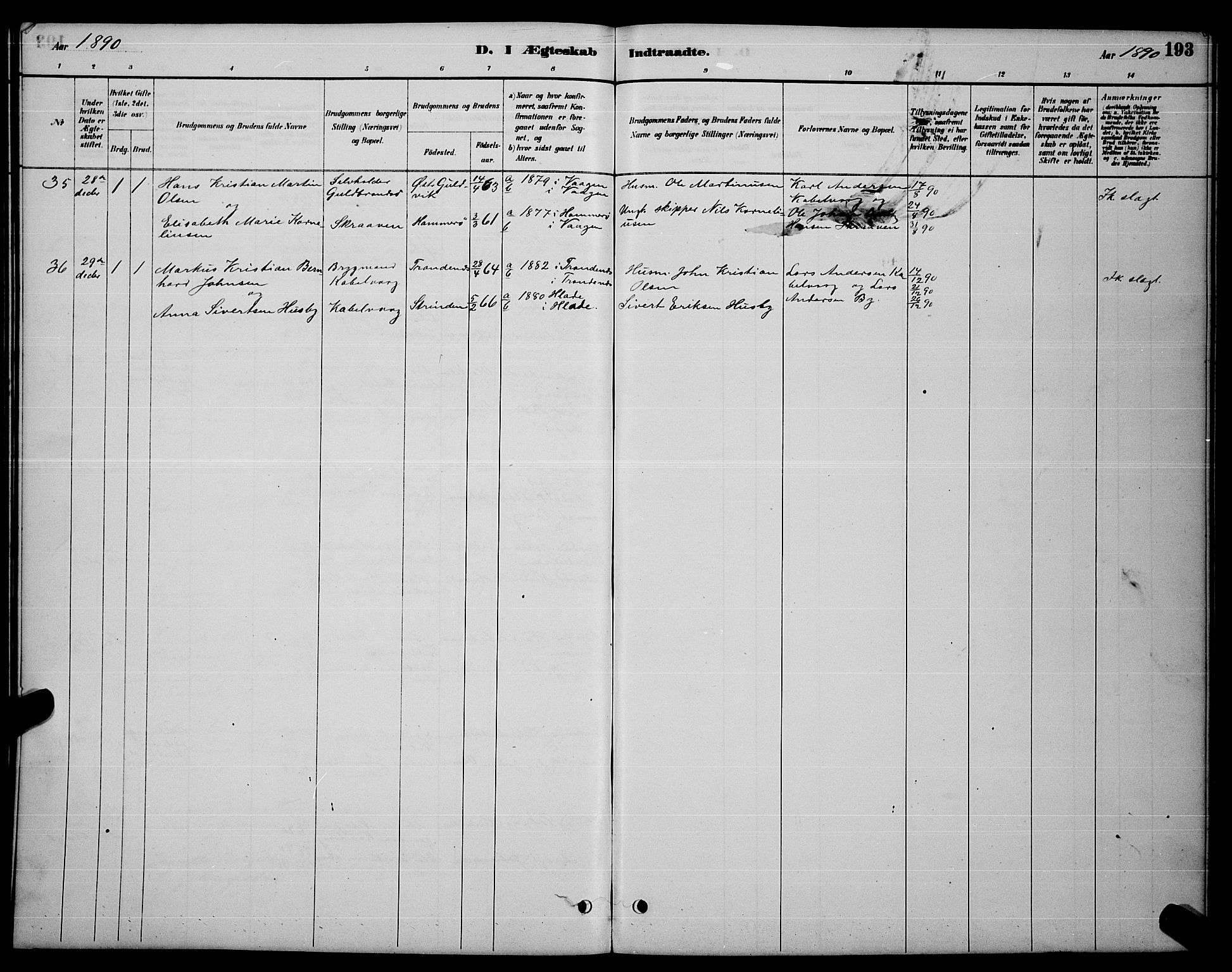 Ministerialprotokoller, klokkerbøker og fødselsregistre - Nordland, AV/SAT-A-1459/874/L1076: Parish register (copy) no. 874C05, 1884-1890, p. 193