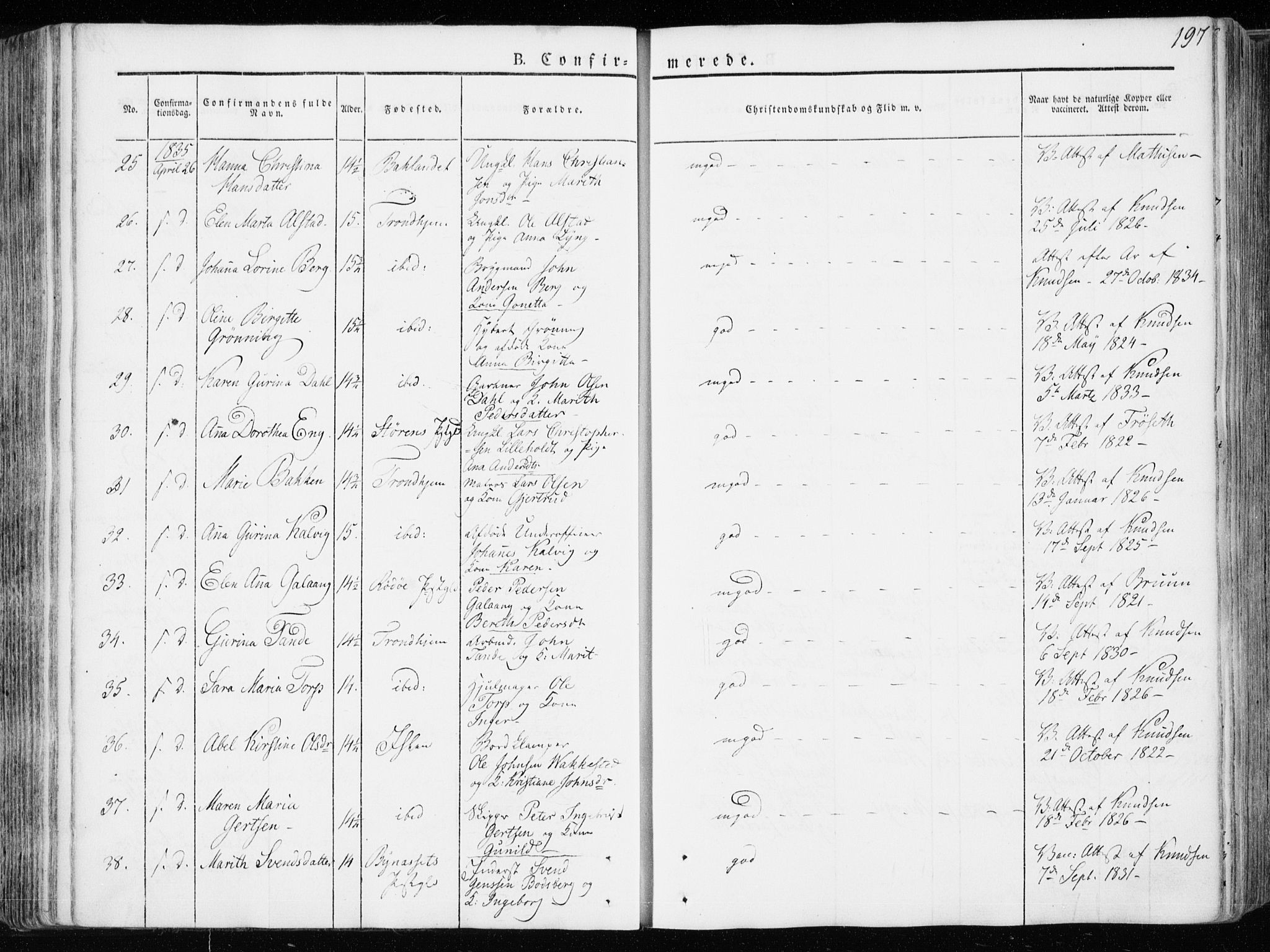 Ministerialprotokoller, klokkerbøker og fødselsregistre - Sør-Trøndelag, SAT/A-1456/601/L0047: Parish register (official) no. 601A15, 1831-1839, p. 197