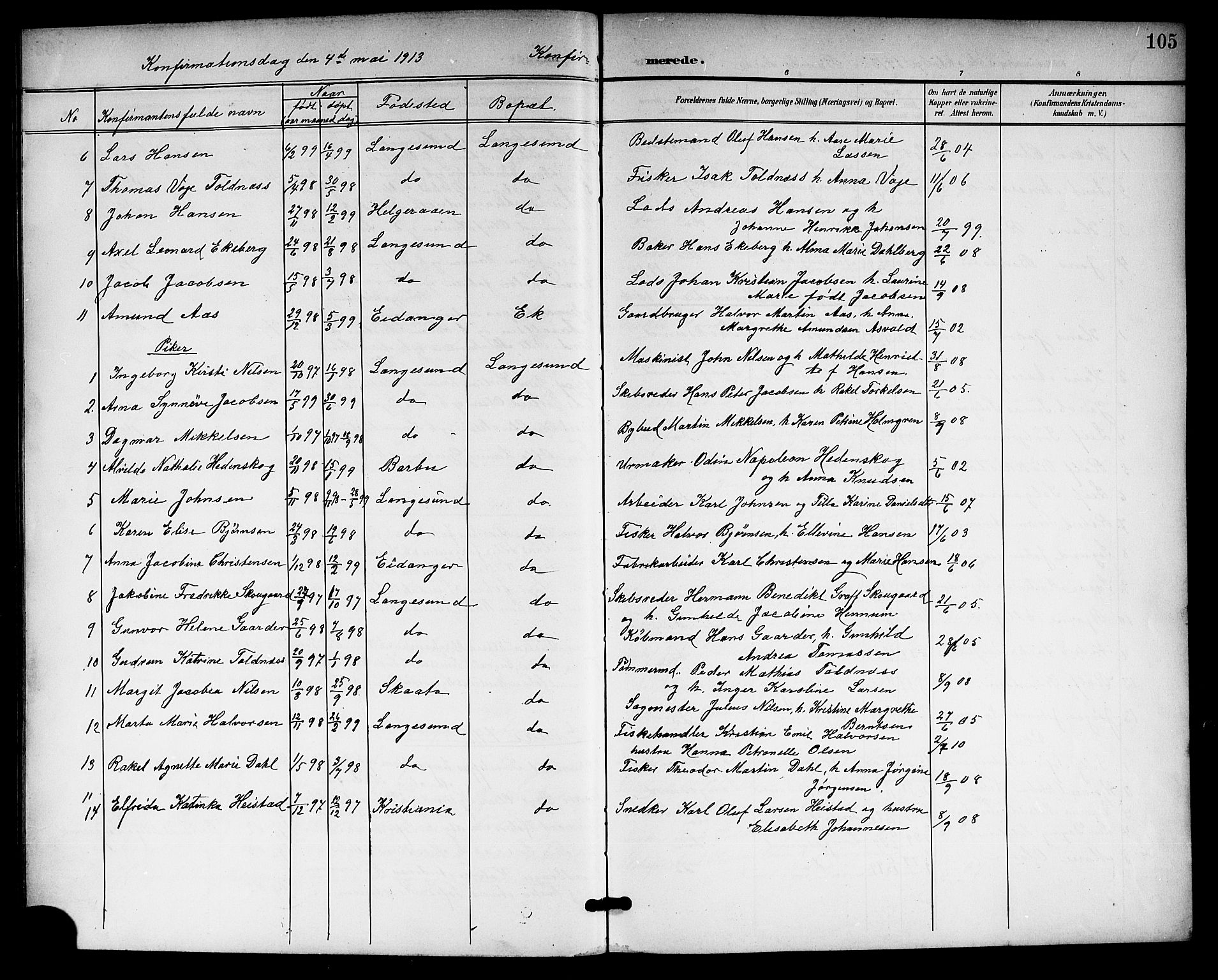 Langesund kirkebøker, SAKO/A-280/G/Ga/L0006: Parish register (copy) no. 6, 1899-1918, p. 105