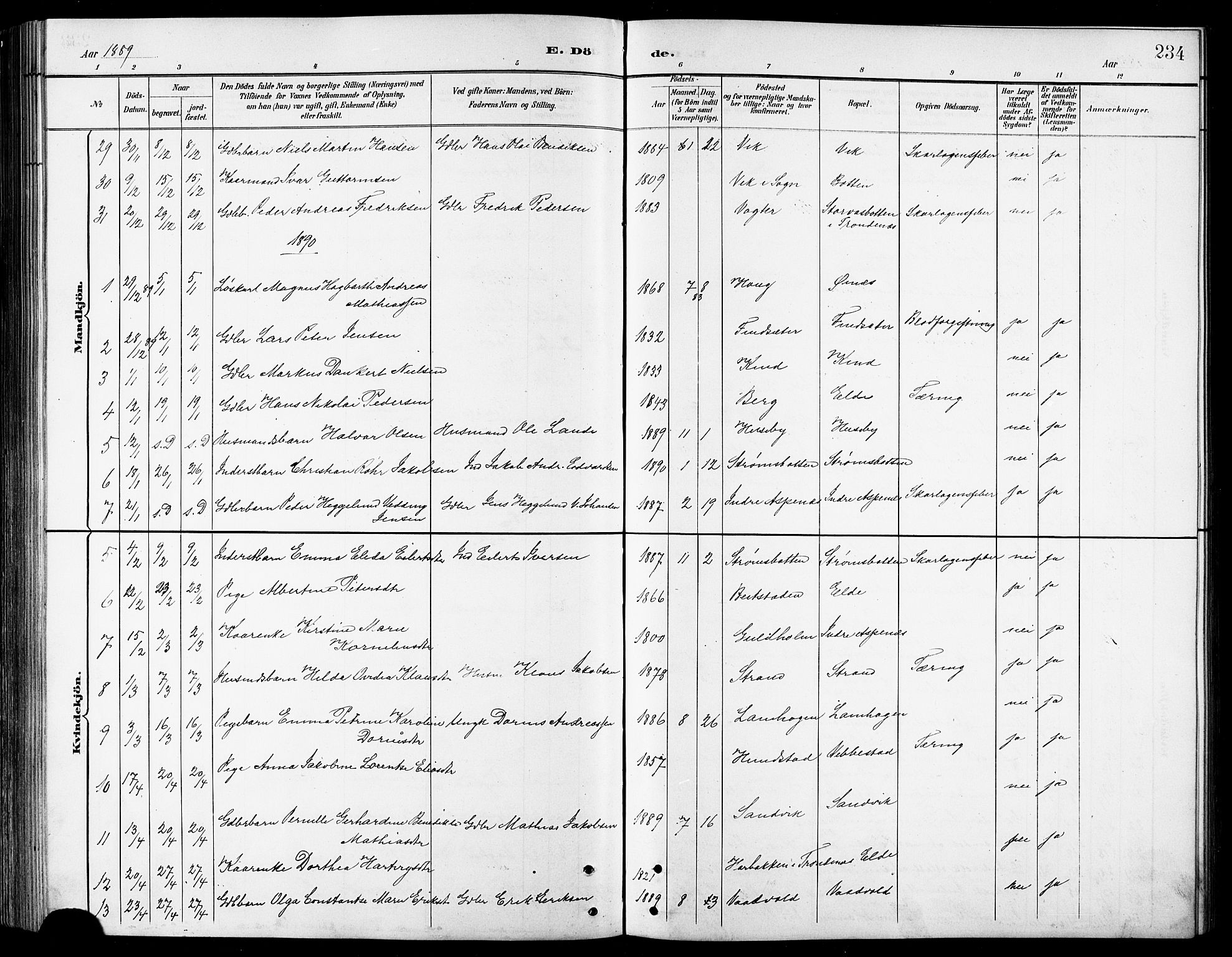 Kvæfjord sokneprestkontor, AV/SATØ-S-1323/G/Ga/Gab/L0005klokker: Parish register (copy) no. 5, 1886-1911, p. 234