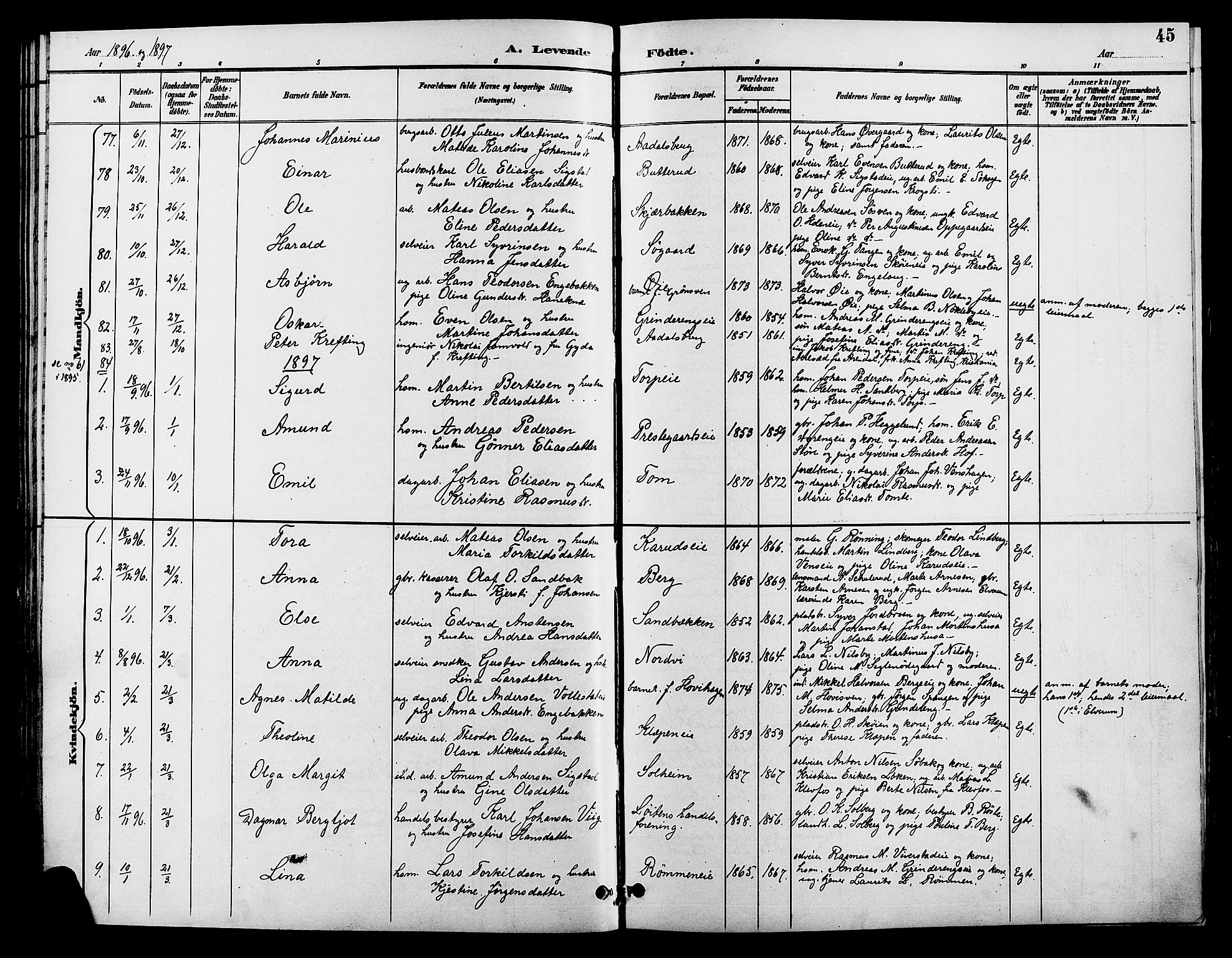 Løten prestekontor, SAH/PREST-022/L/La/L0006: Parish register (copy) no. 6, 1892-1909, p. 45