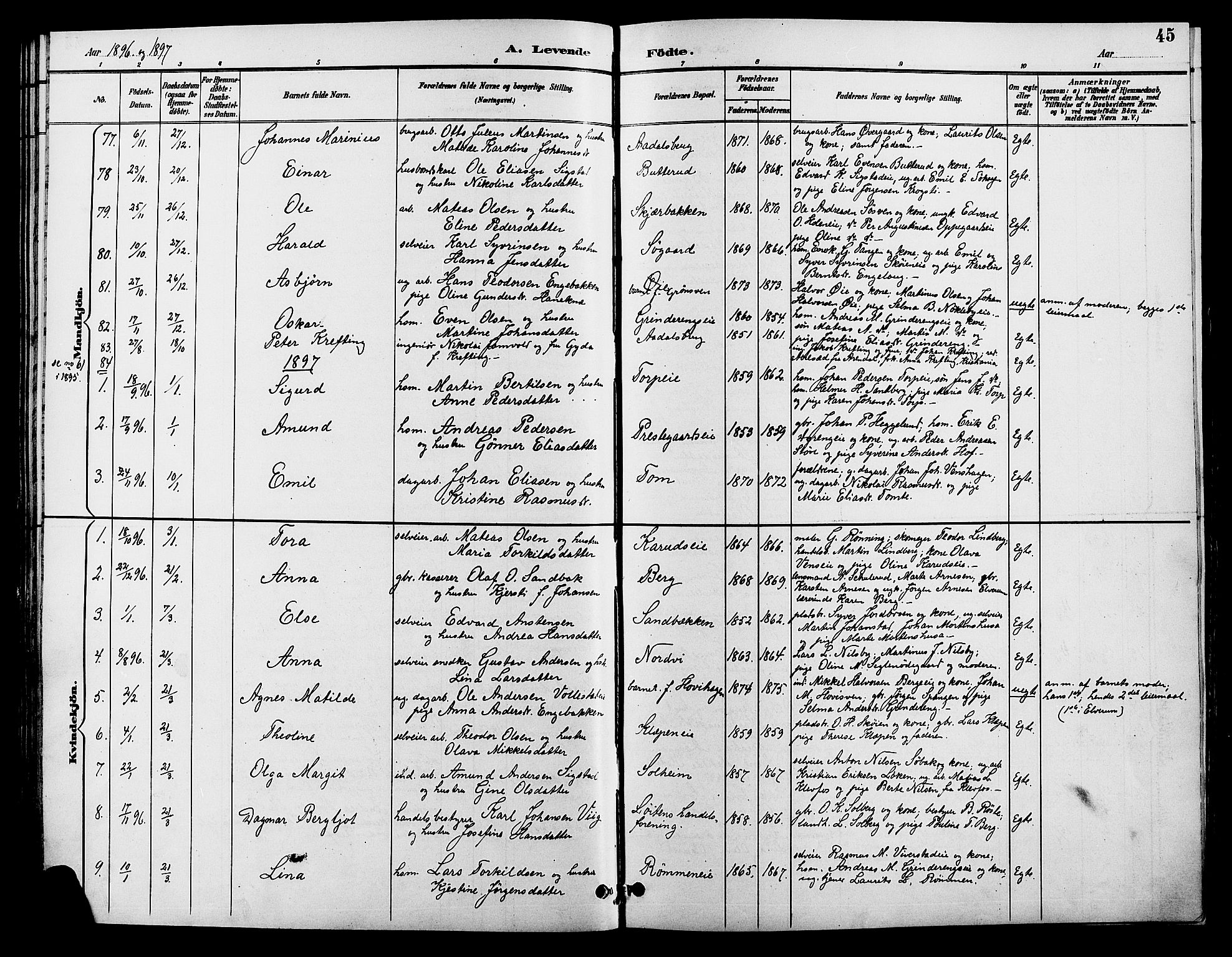 Løten prestekontor, AV/SAH-PREST-022/L/La/L0006: Parish register (copy) no. 6, 1892-1909, p. 45