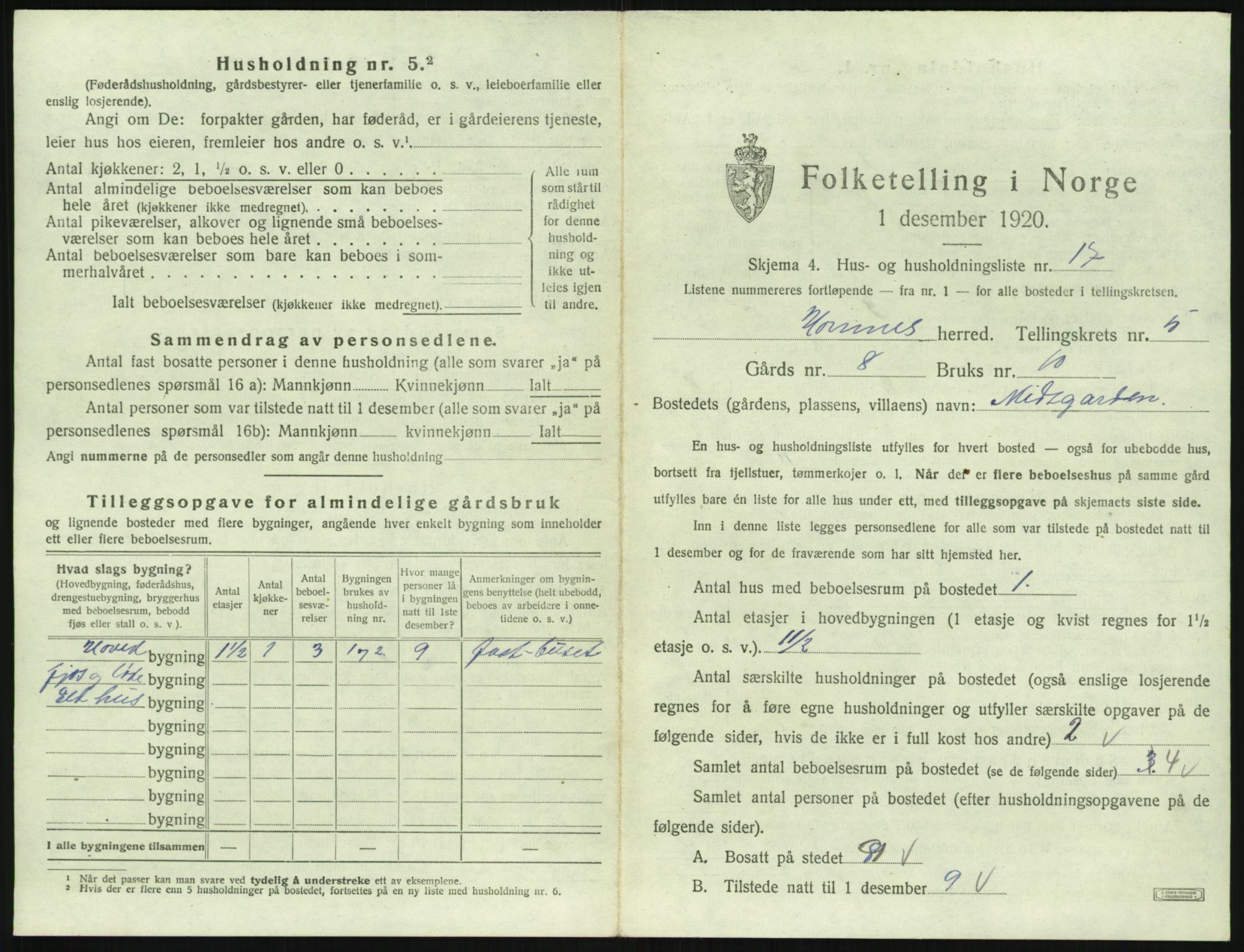 SAK, 1920 census for Hornnes, 1920, p. 235