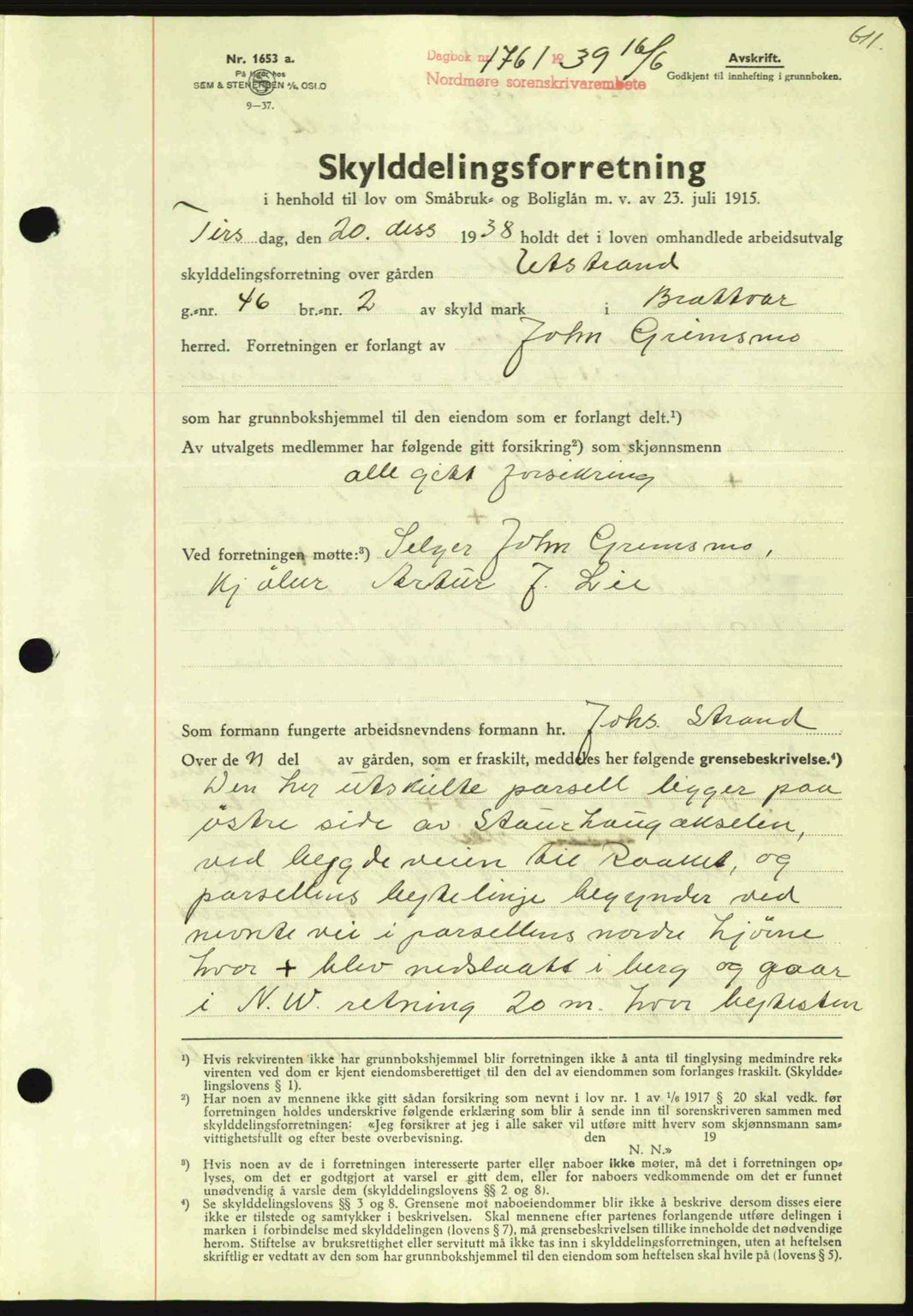 Nordmøre sorenskriveri, AV/SAT-A-4132/1/2/2Ca: Mortgage book no. A86, 1939-1939, Diary no: : 1761/1939