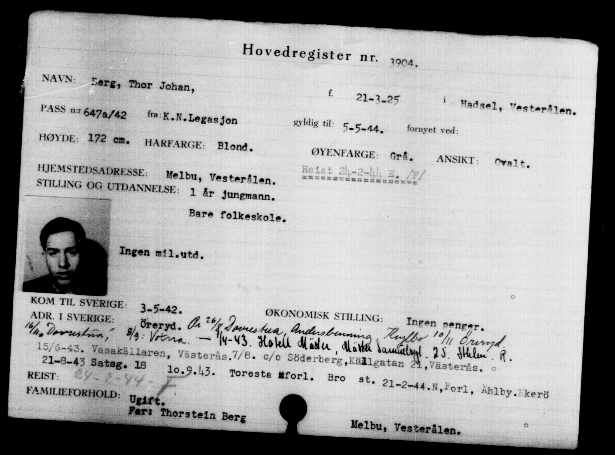 Utenriksstasjonene, Legasjonen i Stockholm, Flyktningkontoret, AV/RA-S-6753/V/Va/L0004: Kjesäterkartoteket, flyktninger med registreringsnr. 3496-6610, 1940-1945, p. 477