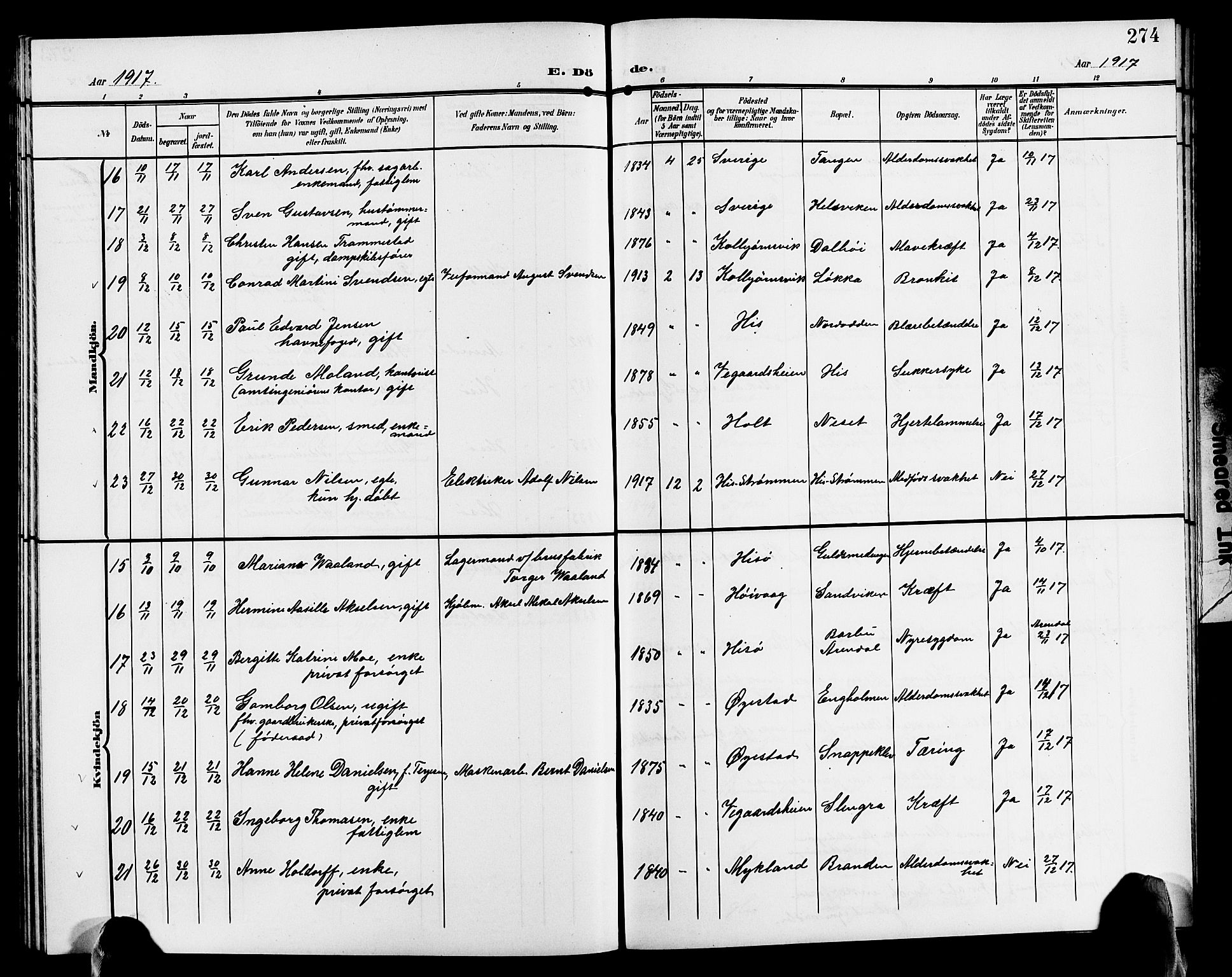 Hisøy sokneprestkontor, AV/SAK-1111-0020/F/Fb/L0004: Parish register (copy) no. B 4, 1905-1923, p. 274