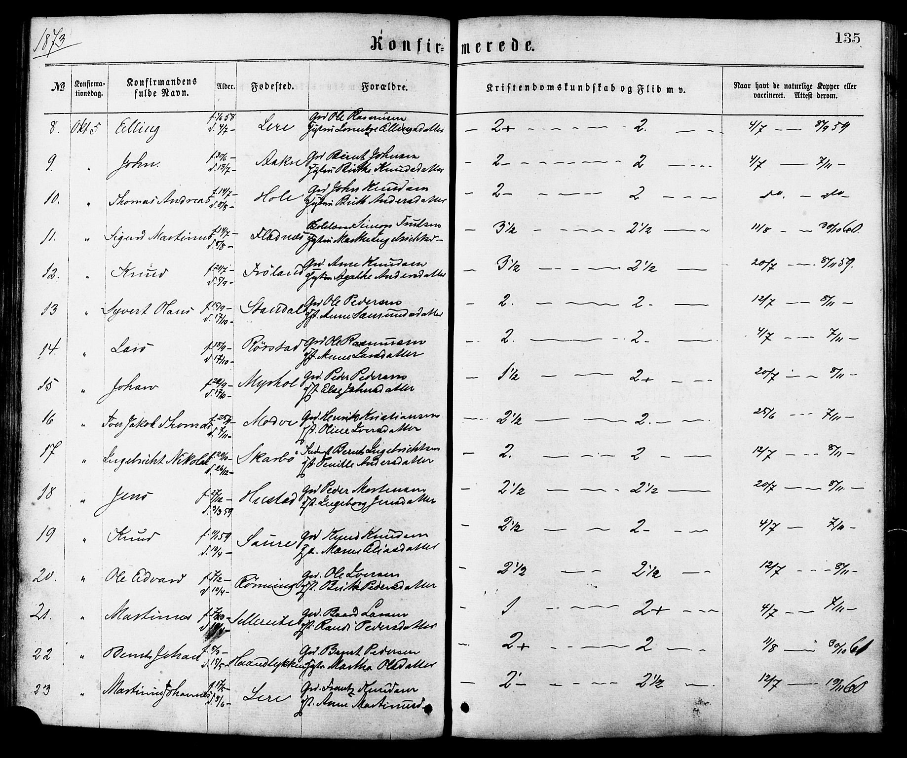 Ministerialprotokoller, klokkerbøker og fødselsregistre - Møre og Romsdal, SAT/A-1454/515/L0210: Parish register (official) no. 515A06, 1868-1885, p. 135