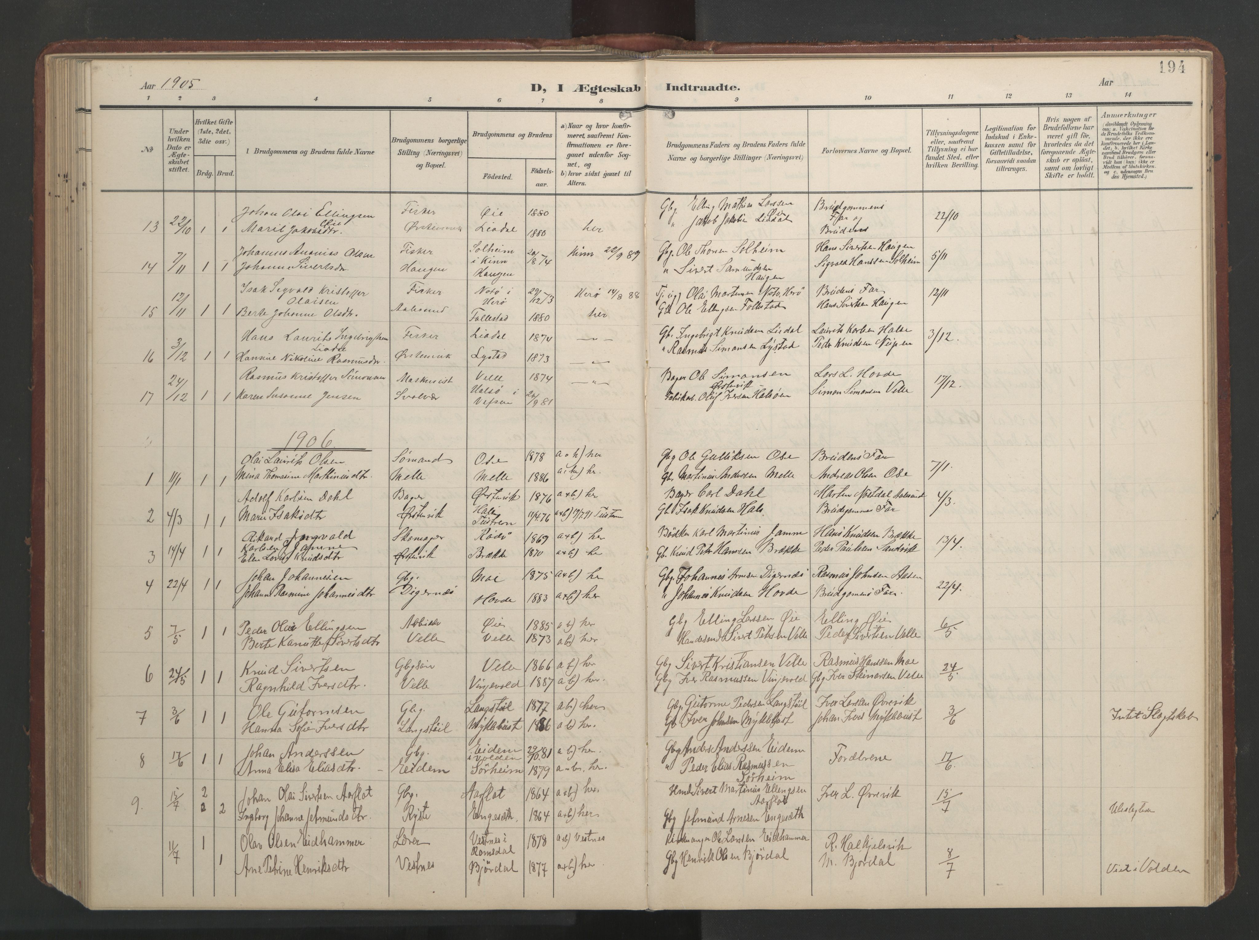 Ministerialprotokoller, klokkerbøker og fødselsregistre - Møre og Romsdal, AV/SAT-A-1454/513/L0190: Parish register (copy) no. 513C04, 1904-1926, p. 194