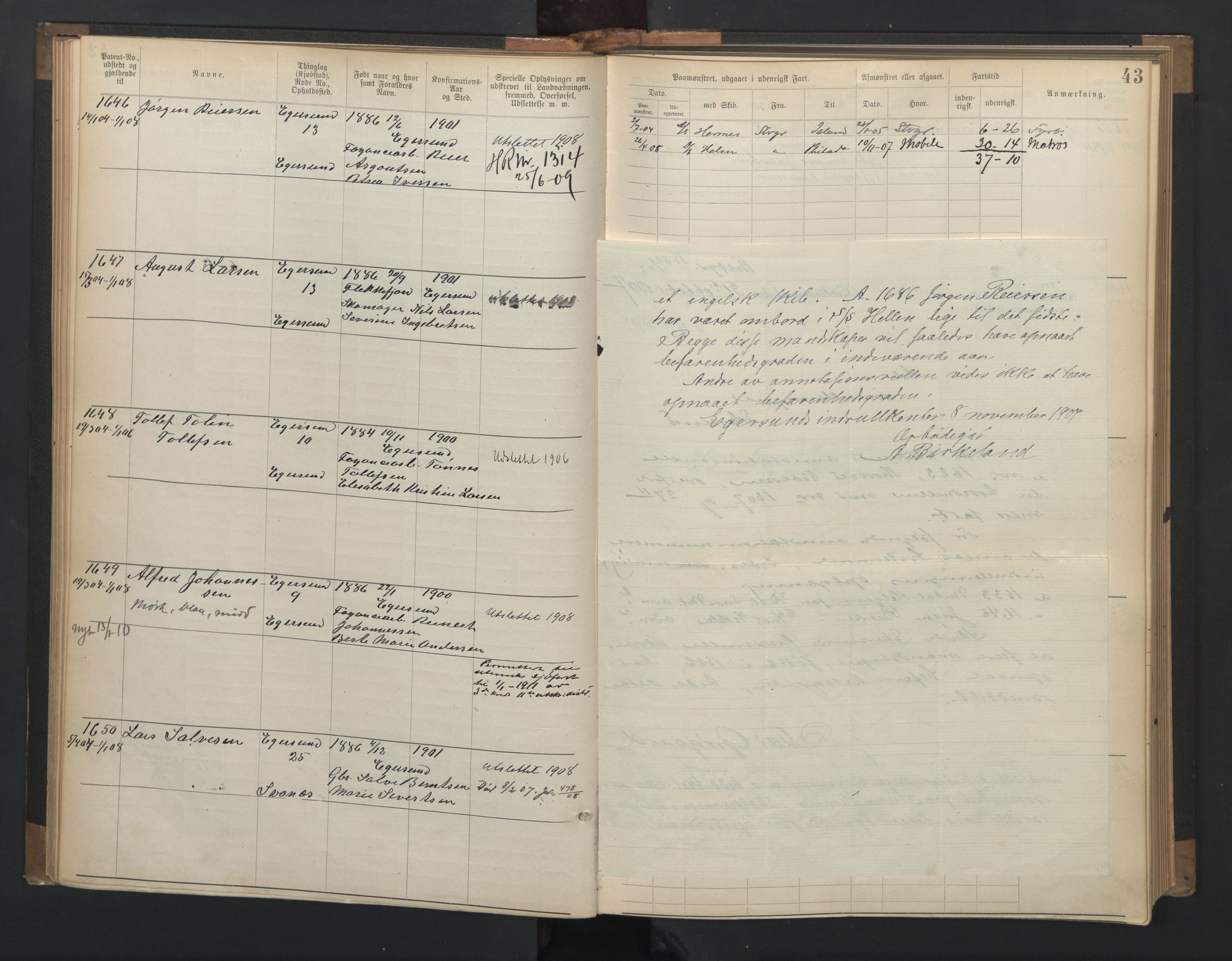 Egersund mønstringskrets, AV/SAK-2031-0019/F/Fa/L0002: Annotasjonsrulle nr 1441-2064 med register, O-2, 1895-1931, p. 70