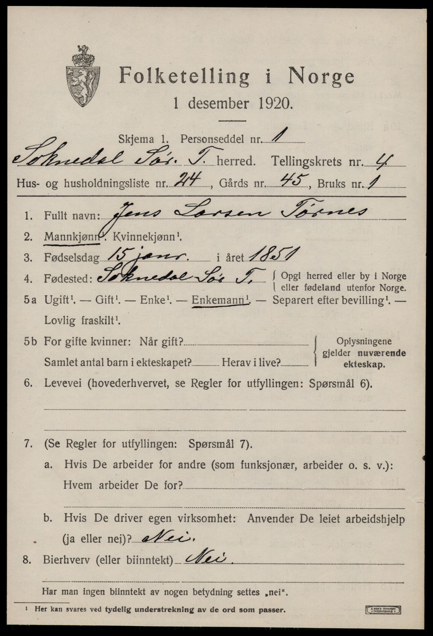 SAT, 1920 census for Soknedal, 1920, p. 2676