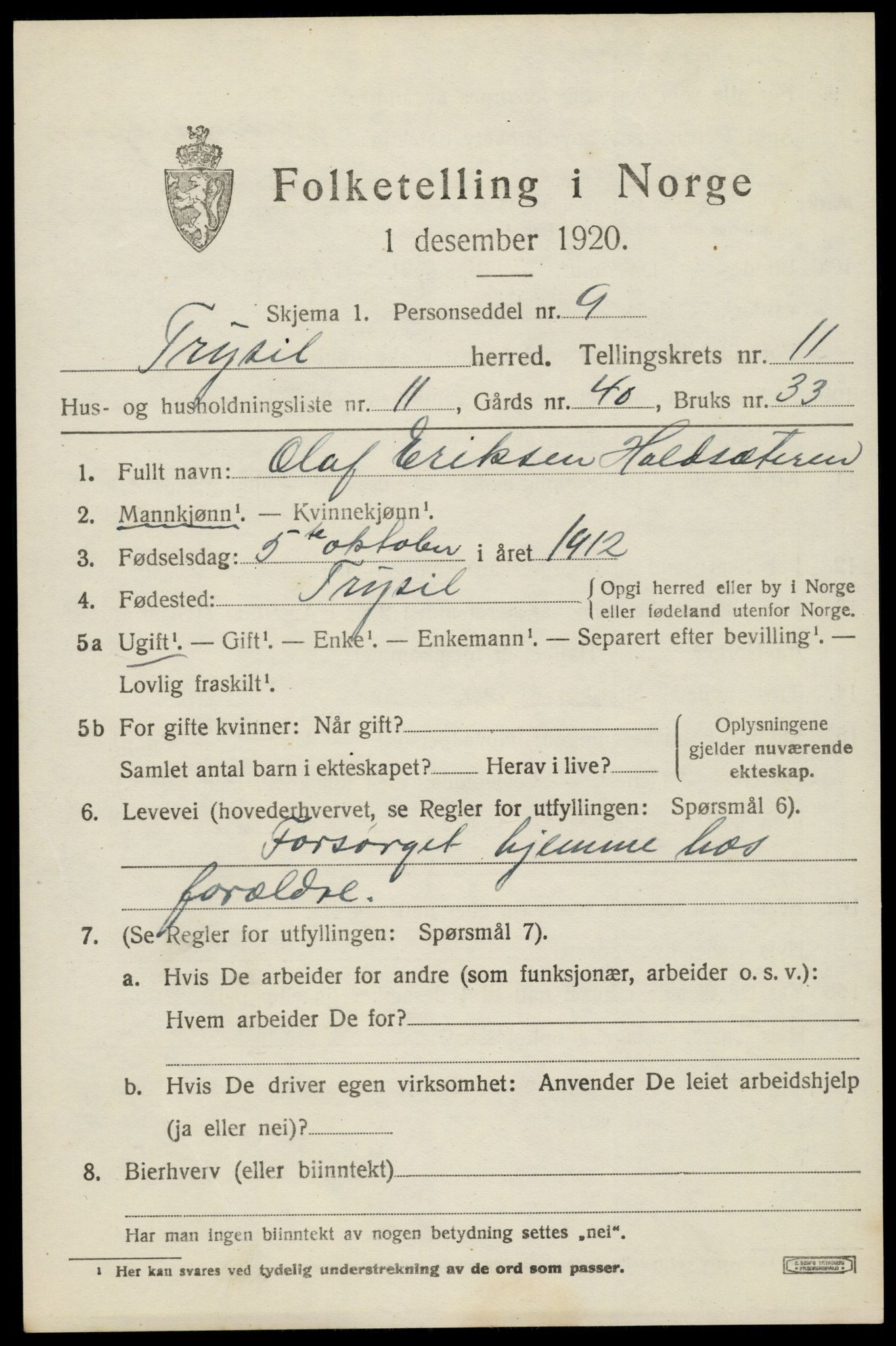 SAH, 1920 census for Trysil, 1920, p. 7091