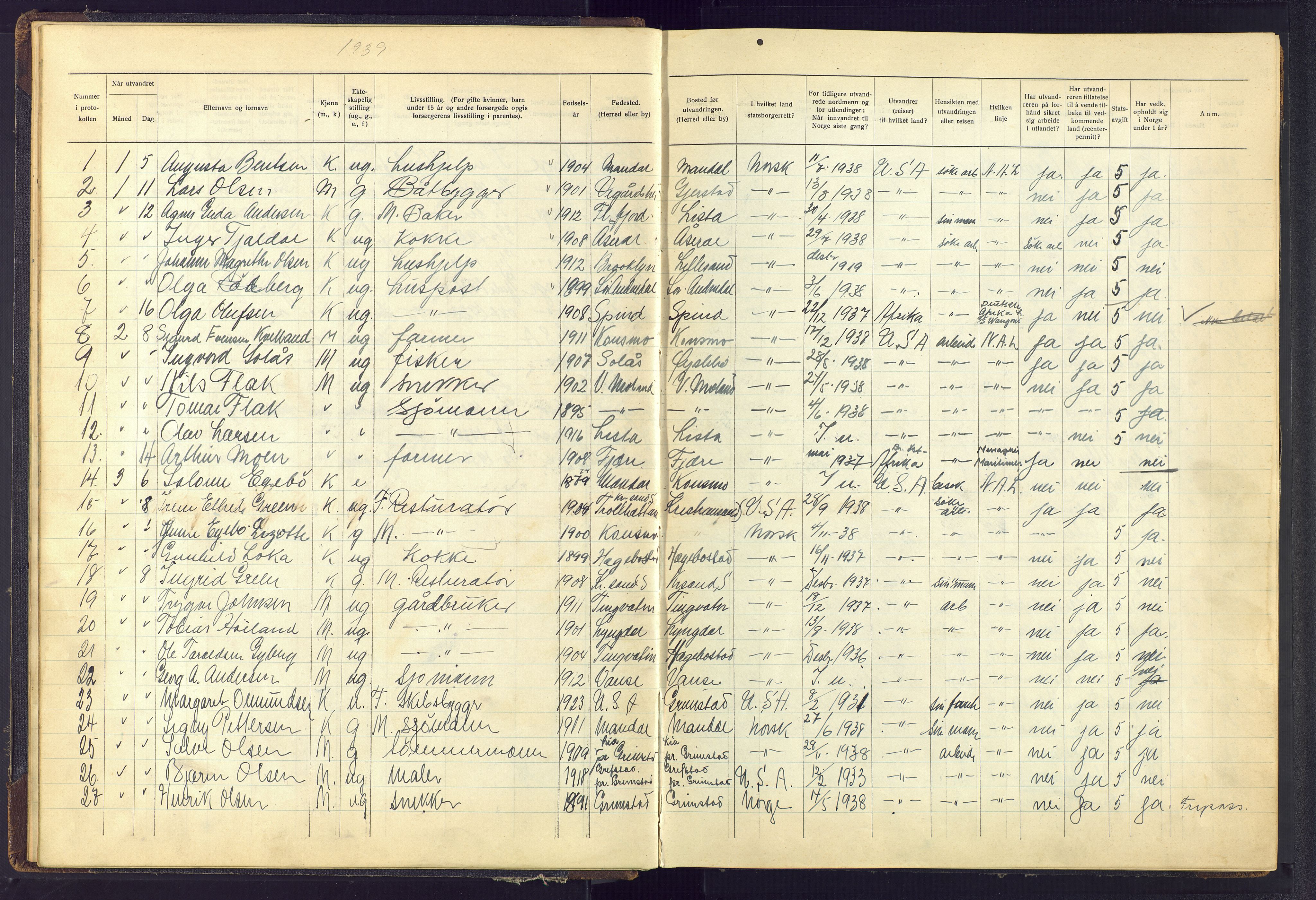 Kristiansand politikammer, AV/SAK-1243-0004/K/Kb/L0248: Emigrantprotokoll, 1938-1951, p. 17