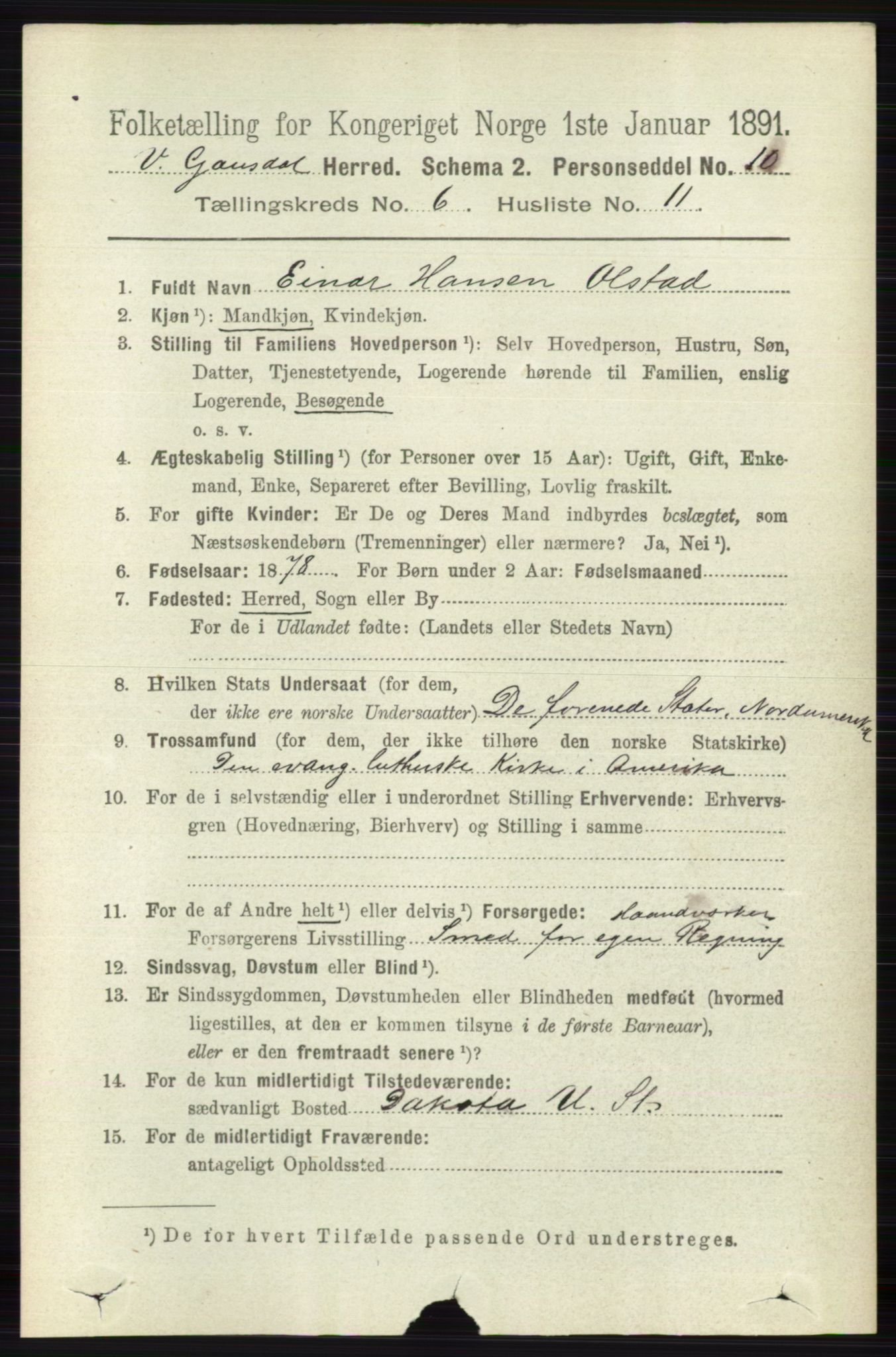 RA, 1891 census for 0523 Vestre Gausdal, 1891, p. 2628
