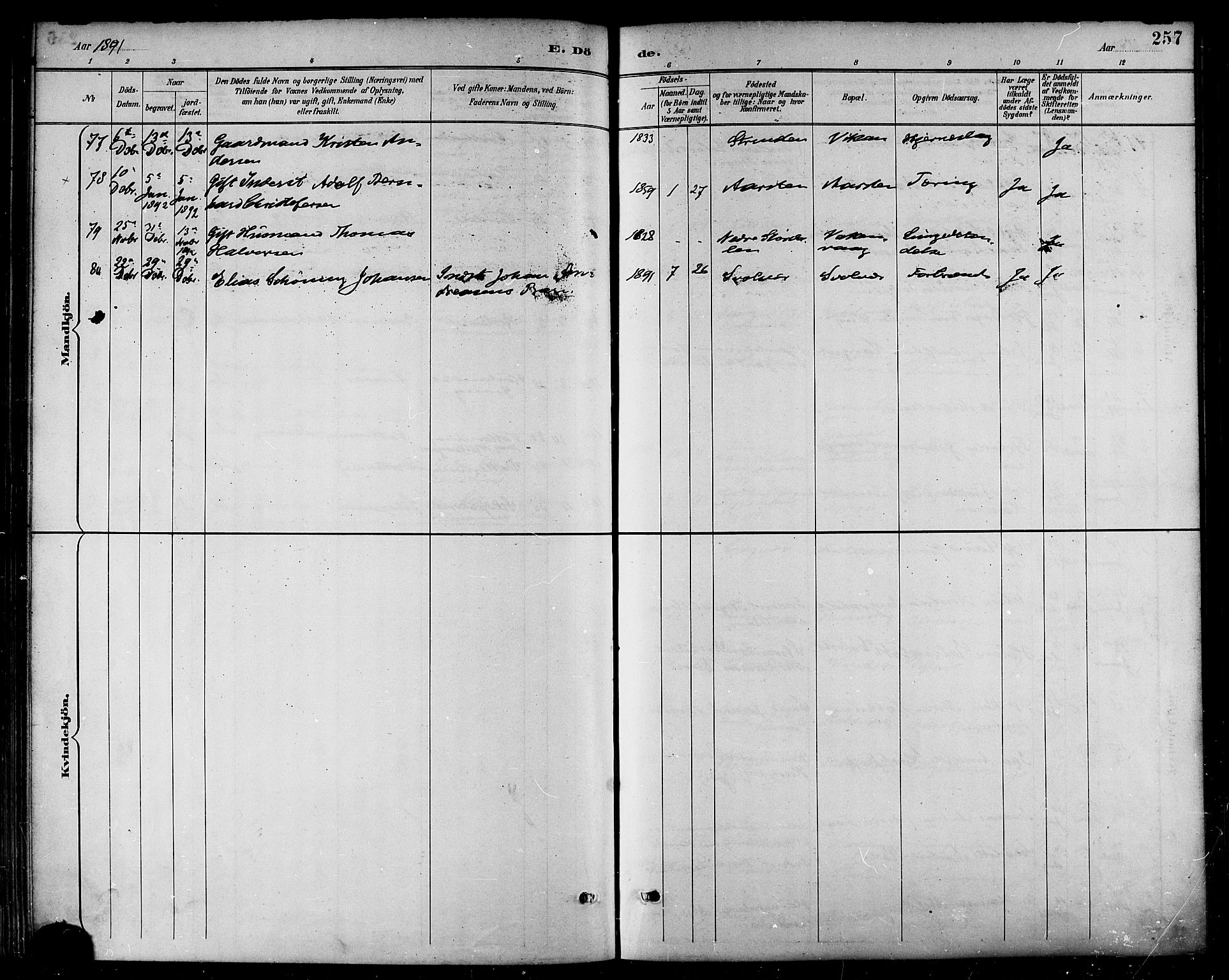 Ministerialprotokoller, klokkerbøker og fødselsregistre - Nordland, AV/SAT-A-1459/874/L1060: Parish register (official) no. 874A04, 1890-1899, p. 257