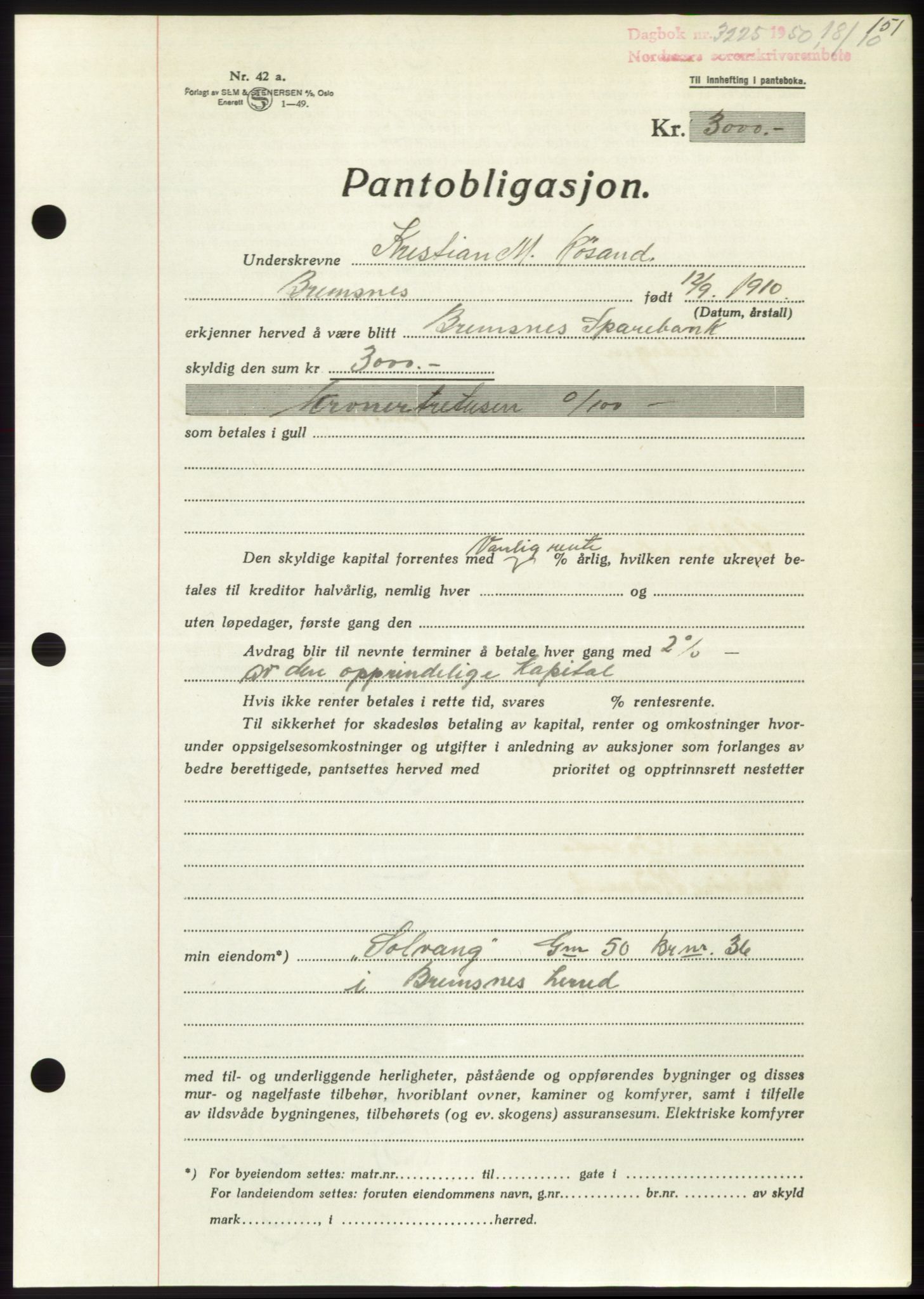 Nordmøre sorenskriveri, AV/SAT-A-4132/1/2/2Ca: Mortgage book no. B106, 1950-1950, Diary no: : 3225/1950