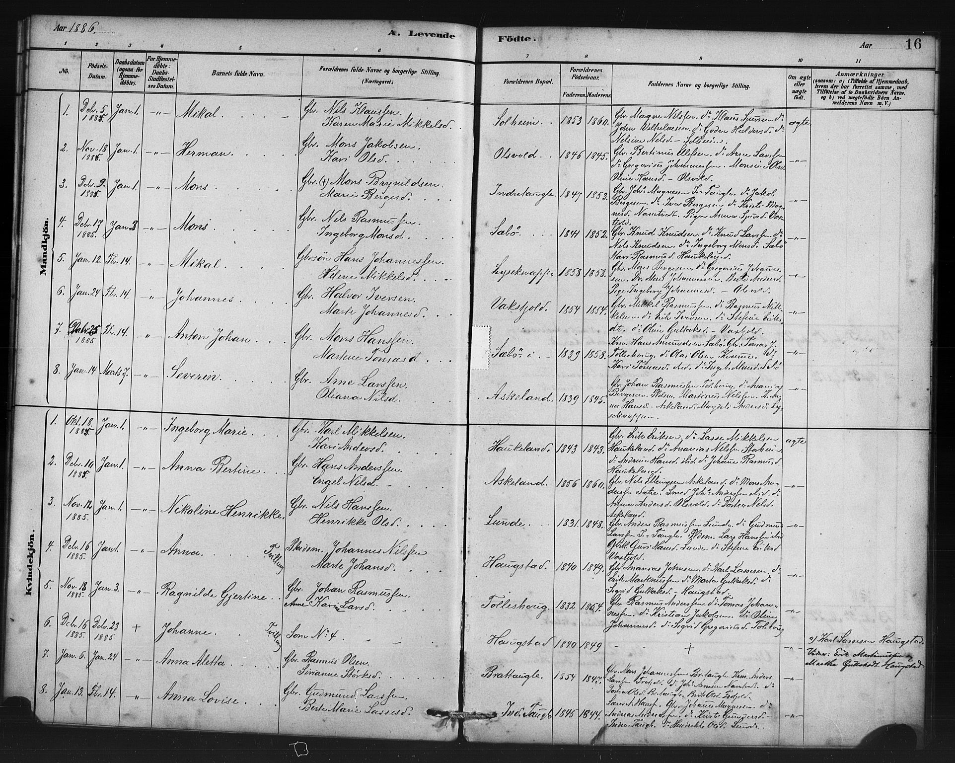 Manger sokneprestembete, SAB/A-76801/H/Haa: Parish register (official) no. D 1, 1881-1892, p. 16