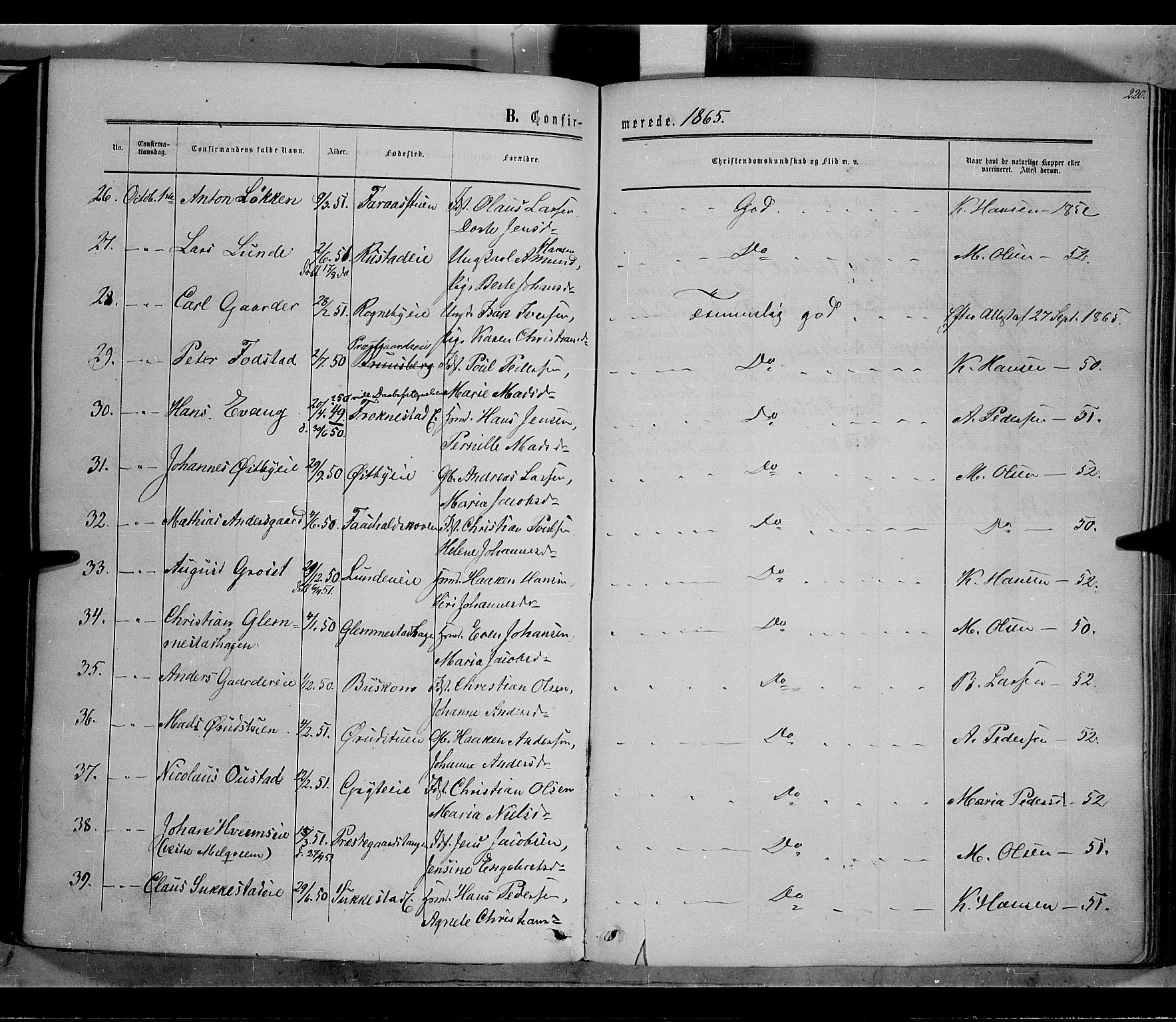 Østre Toten prestekontor, AV/SAH-PREST-104/H/Ha/Haa/L0004: Parish register (official) no. 4, 1857-1865, p. 220