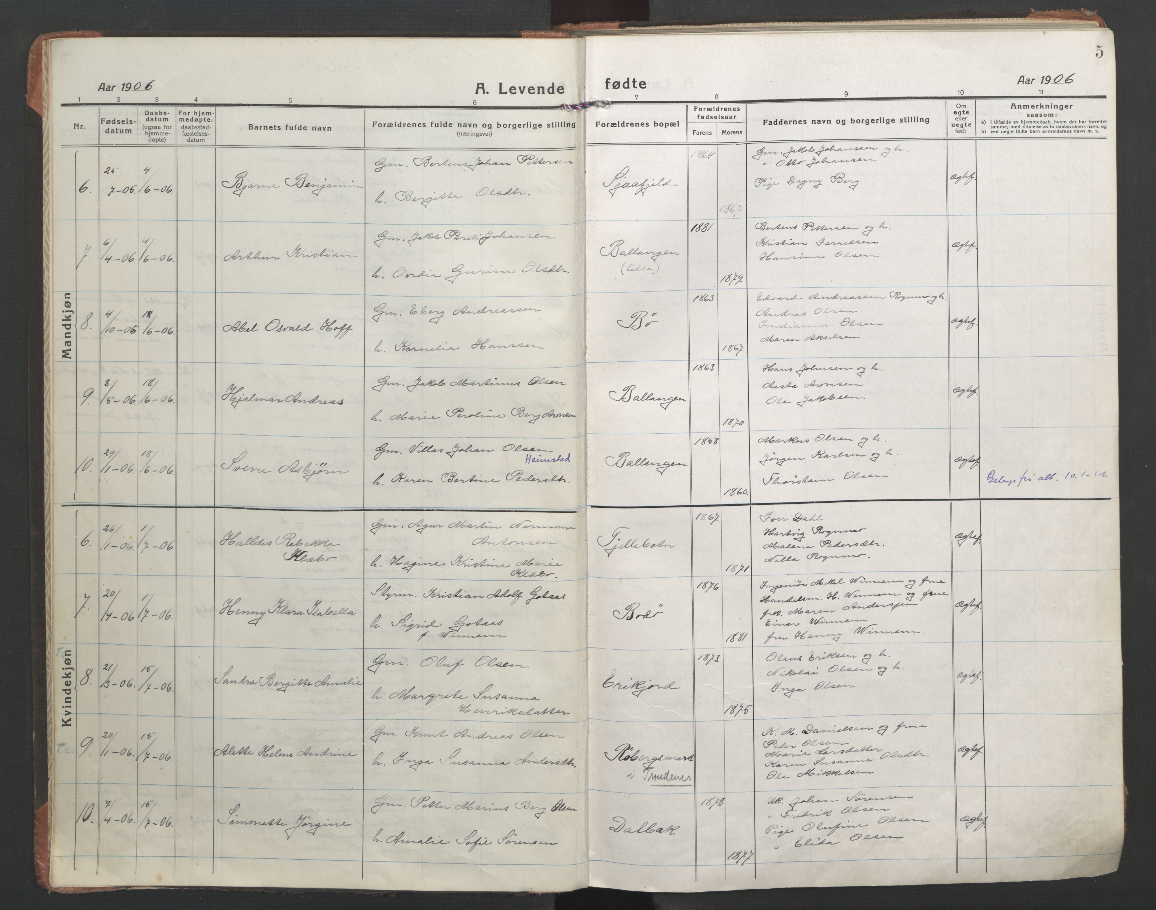 Ministerialprotokoller, klokkerbøker og fødselsregistre - Nordland, AV/SAT-A-1459/863/L0900: Parish register (official) no. 863A12, 1906-1915, p. 5