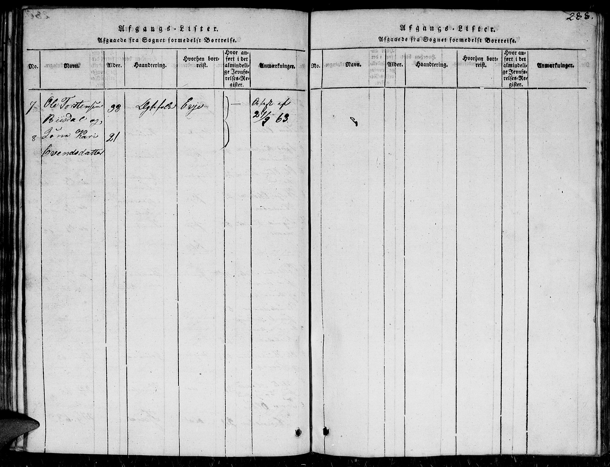 Herefoss sokneprestkontor, AV/SAK-1111-0019/F/Fb/Fbc/L0001: Parish register (copy) no. B 1, 1816-1866, p. 287