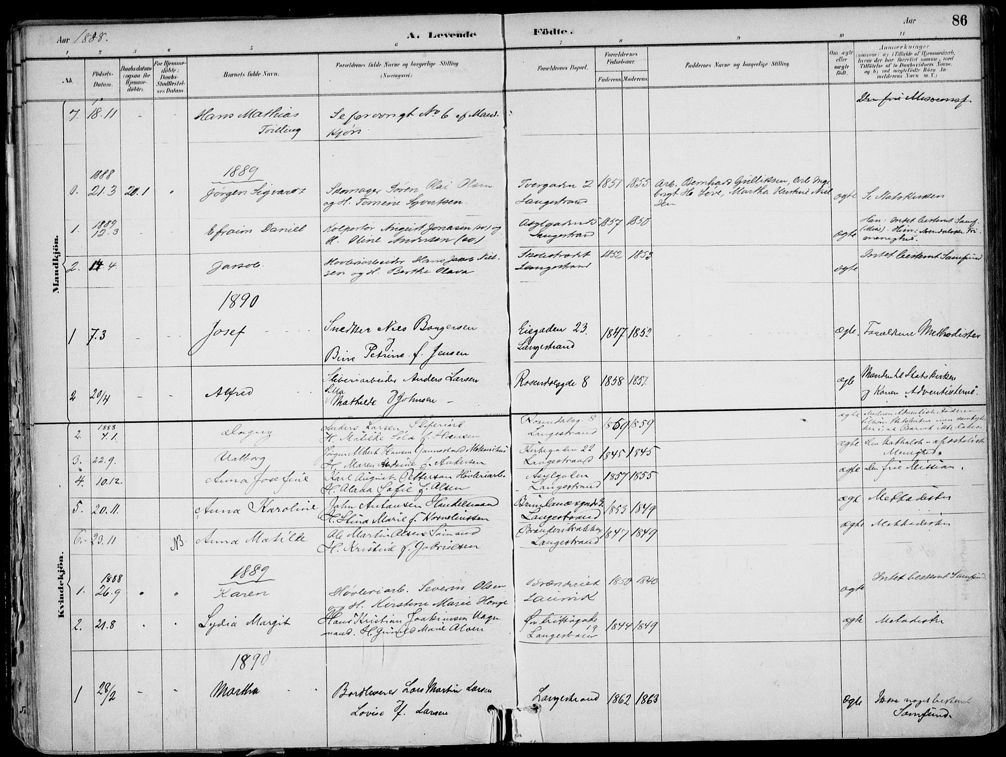 Larvik kirkebøker, AV/SAKO-A-352/F/Fb/L0004: Parish register (official) no. II 4, 1884-1902, p. 86