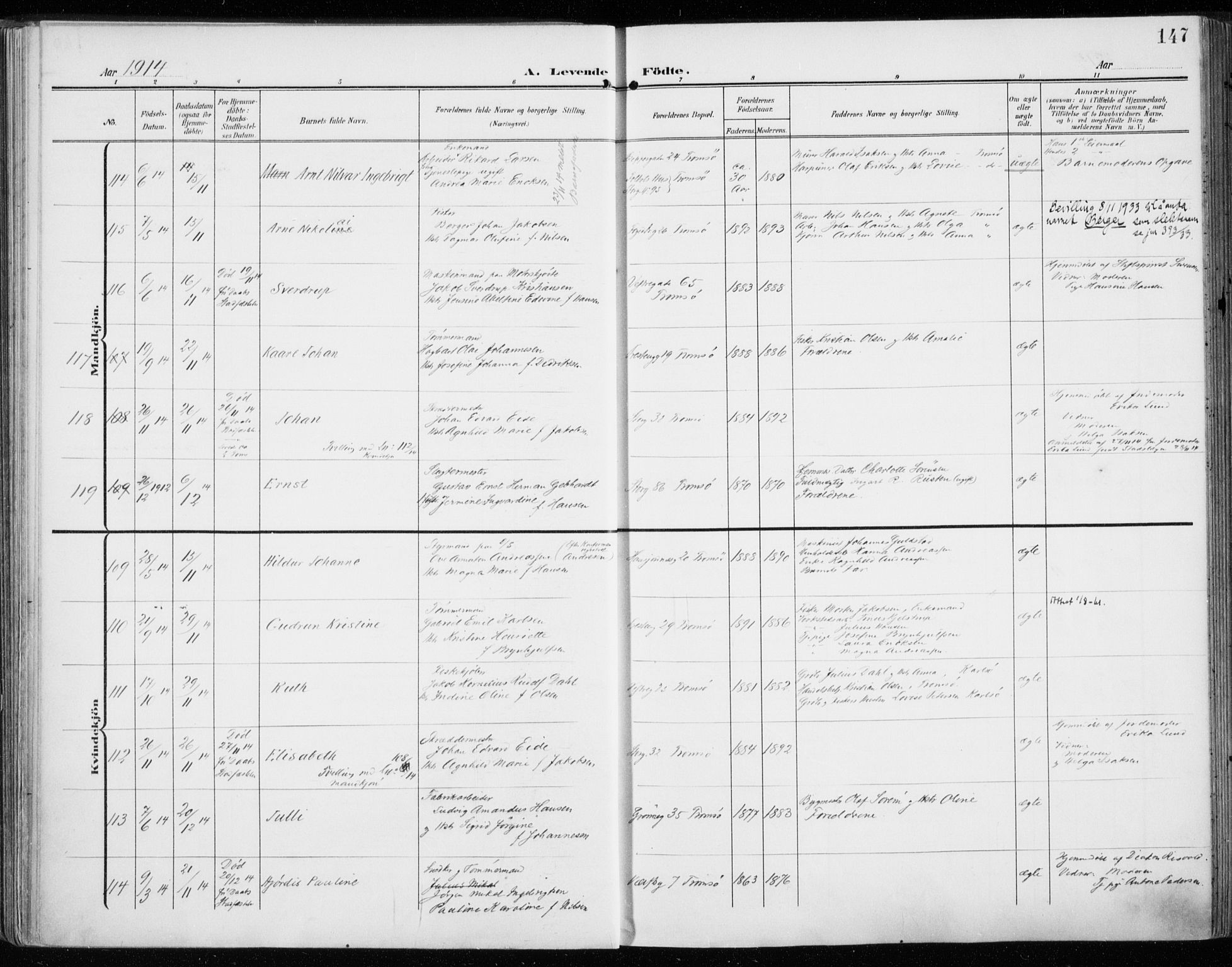 Tromsø sokneprestkontor/stiftsprosti/domprosti, AV/SATØ-S-1343/G/Ga/L0017kirke: Parish register (official) no. 17, 1907-1917, p. 147