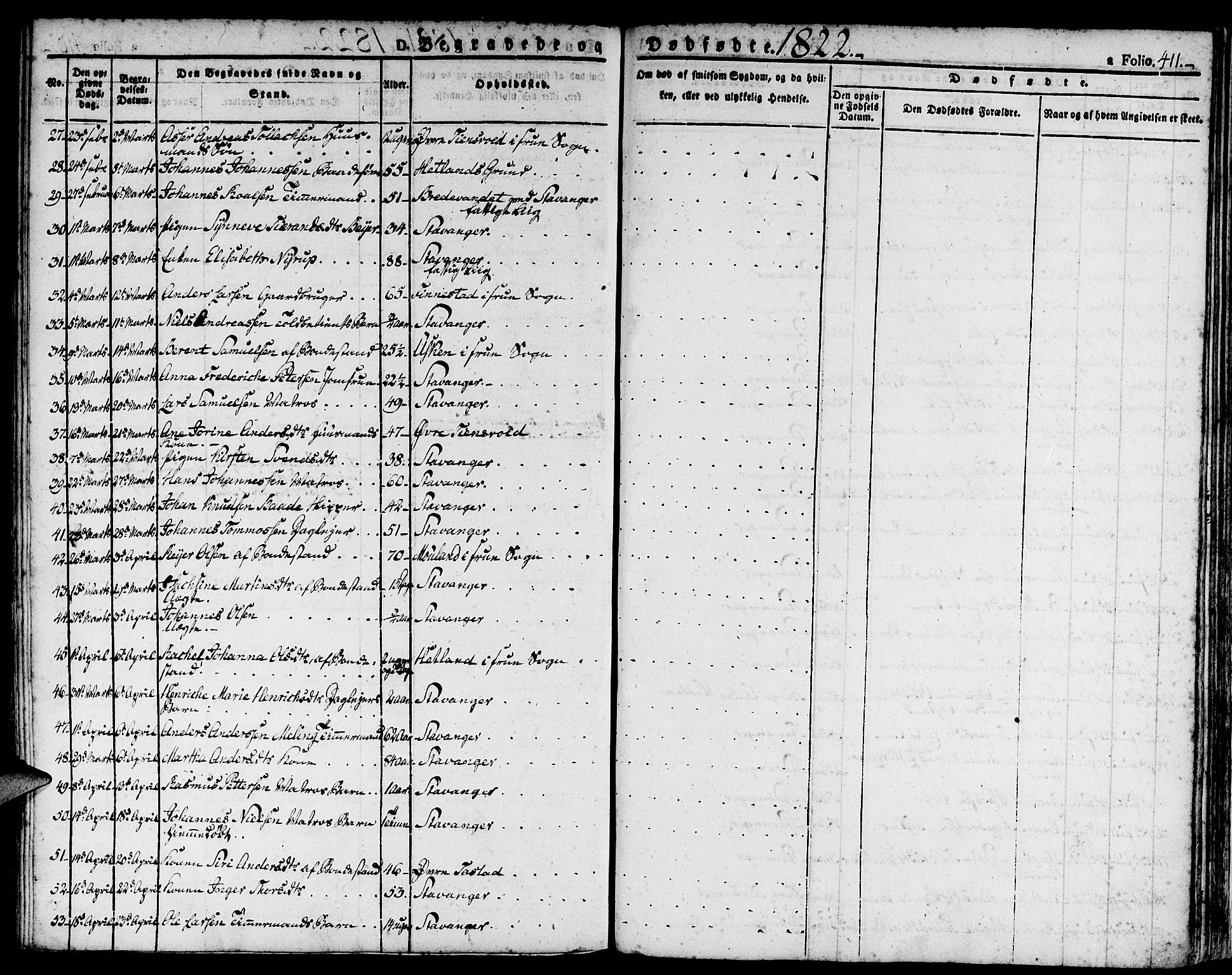 Domkirken sokneprestkontor, SAST/A-101812/001/30/30BA/L0009: Parish register (official) no. A 9, 1821-1832, p. 411
