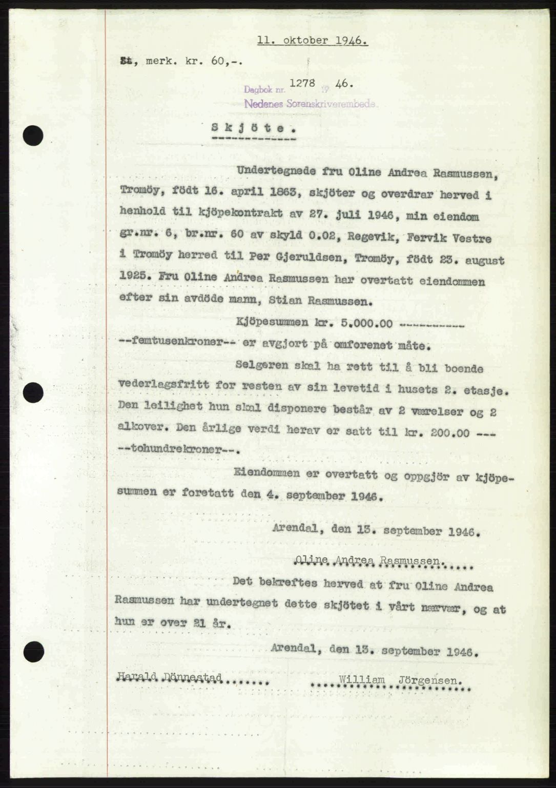 Nedenes sorenskriveri, SAK/1221-0006/G/Gb/Gba/L0056: Mortgage book no. A8, 1946-1947, Diary no: : 1278/1946