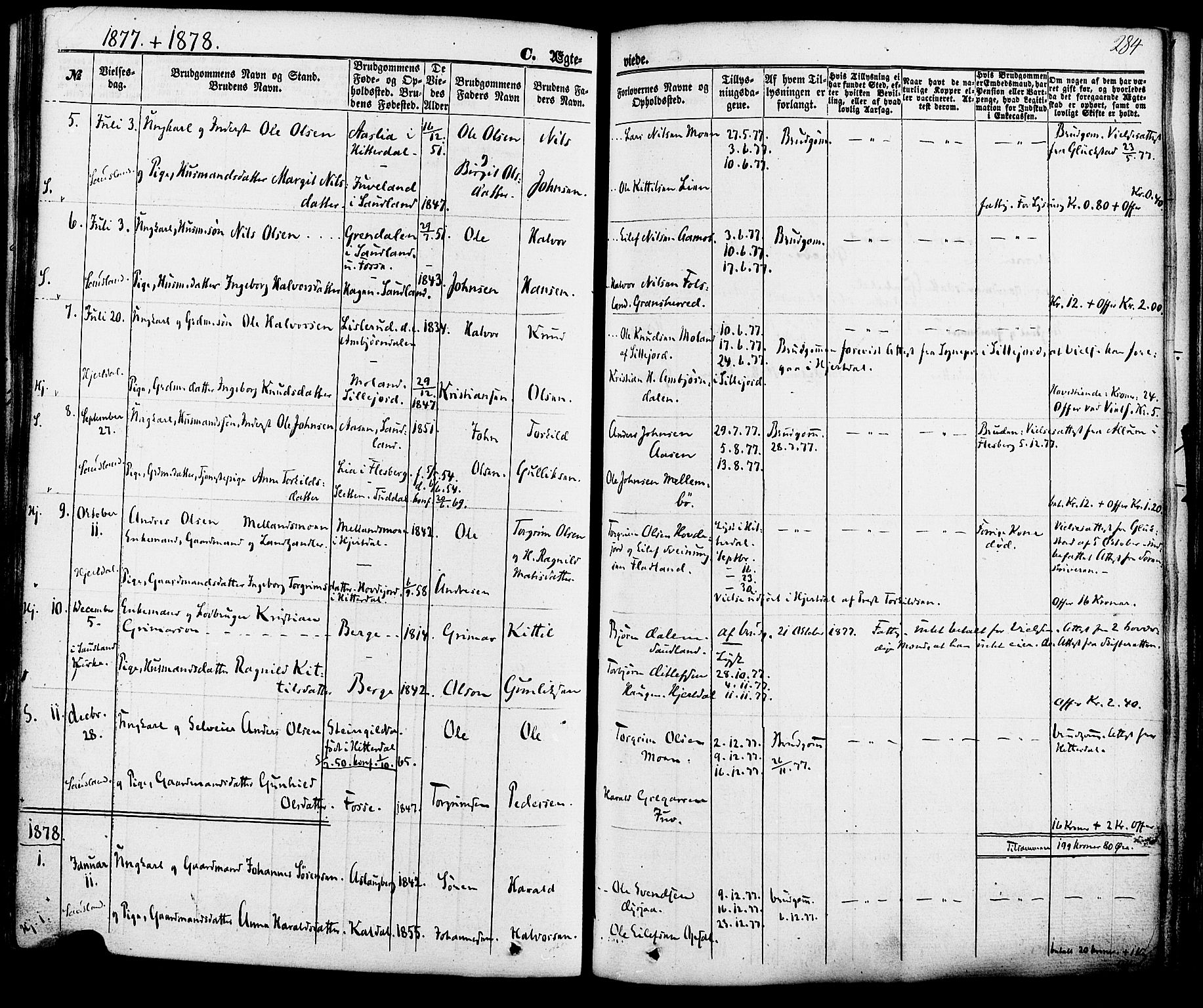 Hjartdal kirkebøker, SAKO/A-270/F/Fa/L0009: Parish register (official) no. I 9, 1860-1879, p. 284