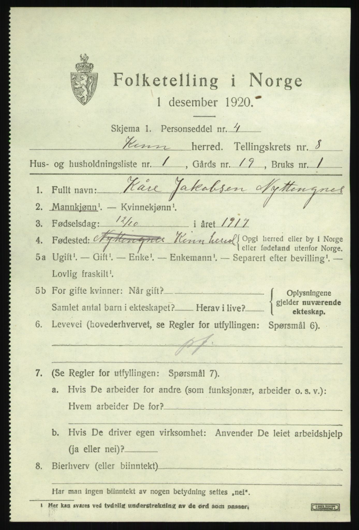 SAB, 1920 census for Kinn, 1920, p. 3219