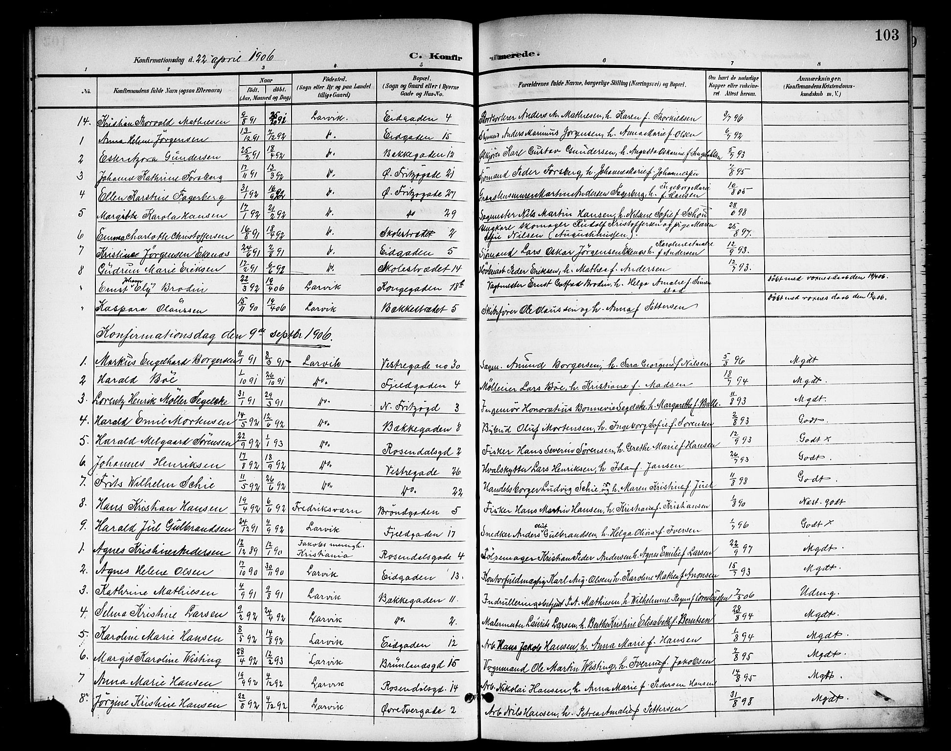 Larvik kirkebøker, AV/SAKO-A-352/G/Gb/L0004: Parish register (copy) no. II 4, 1899-1919, p. 103