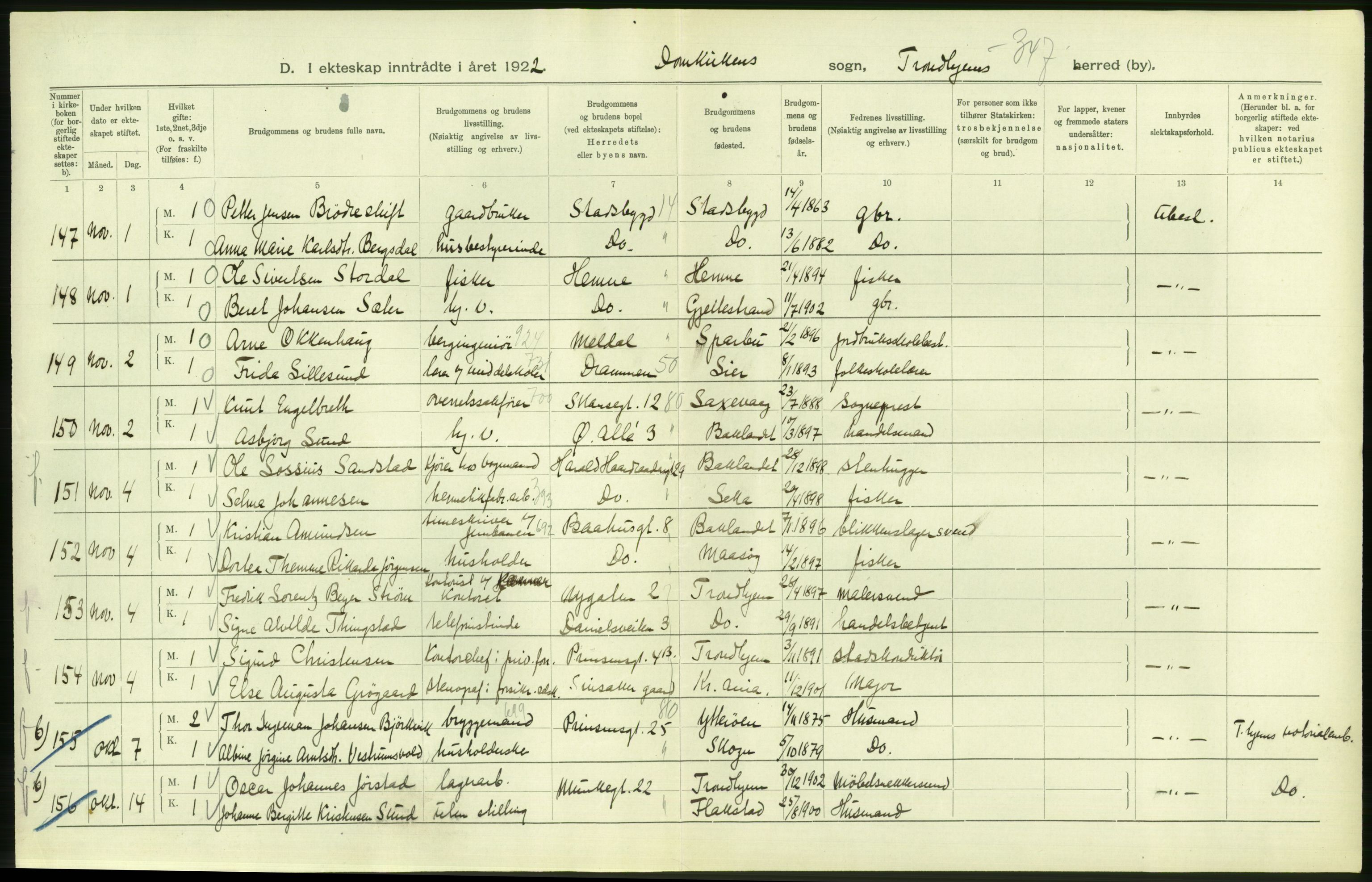 Statistisk sentralbyrå, Sosiodemografiske emner, Befolkning, AV/RA-S-2228/D/Df/Dfc/Dfcb/L0040: Trondheim: Gifte, døde, dødfødte., 1922, p. 42