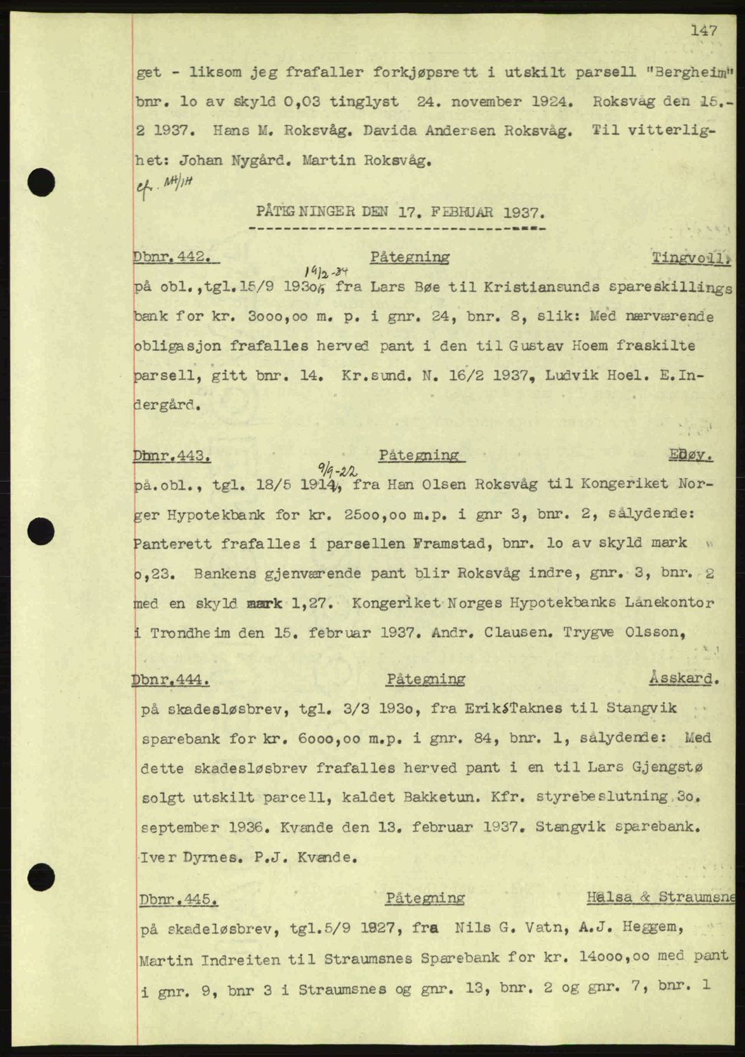 Nordmøre sorenskriveri, AV/SAT-A-4132/1/2/2Ca: Mortgage book no. C80, 1936-1939, Diary no: : 442/1937