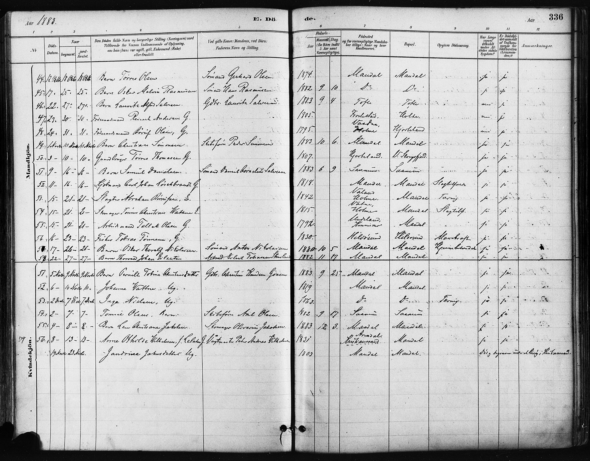 Mandal sokneprestkontor, SAK/1111-0030/F/Fa/Faa/L0016: Parish register (official) no. A 16, 1880-1890, p. 336