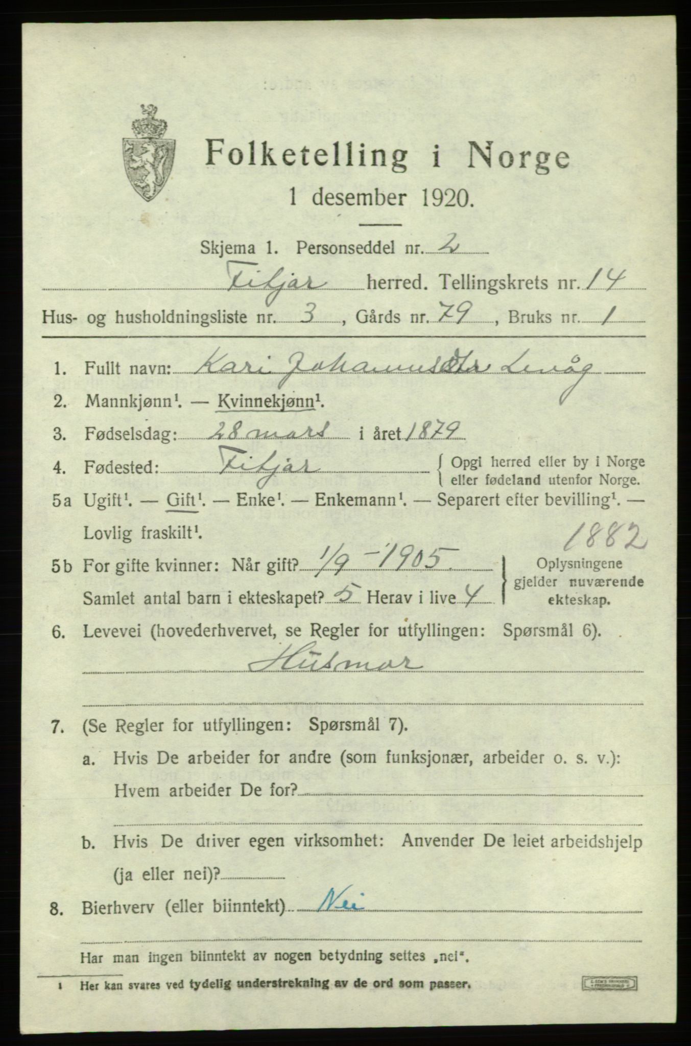 SAB, 1920 census for Fitjar, 1920, p. 5736