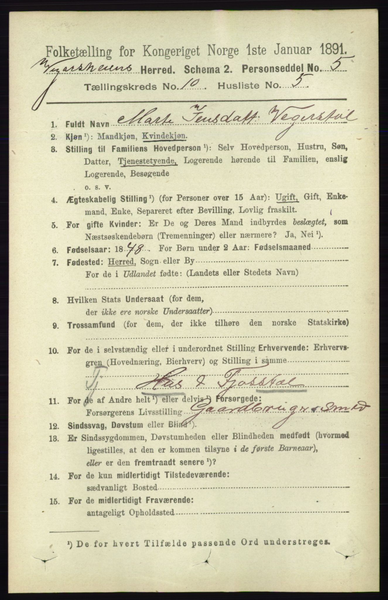RA, 1891 census for 0912 Vegårshei, 1891, p. 1964