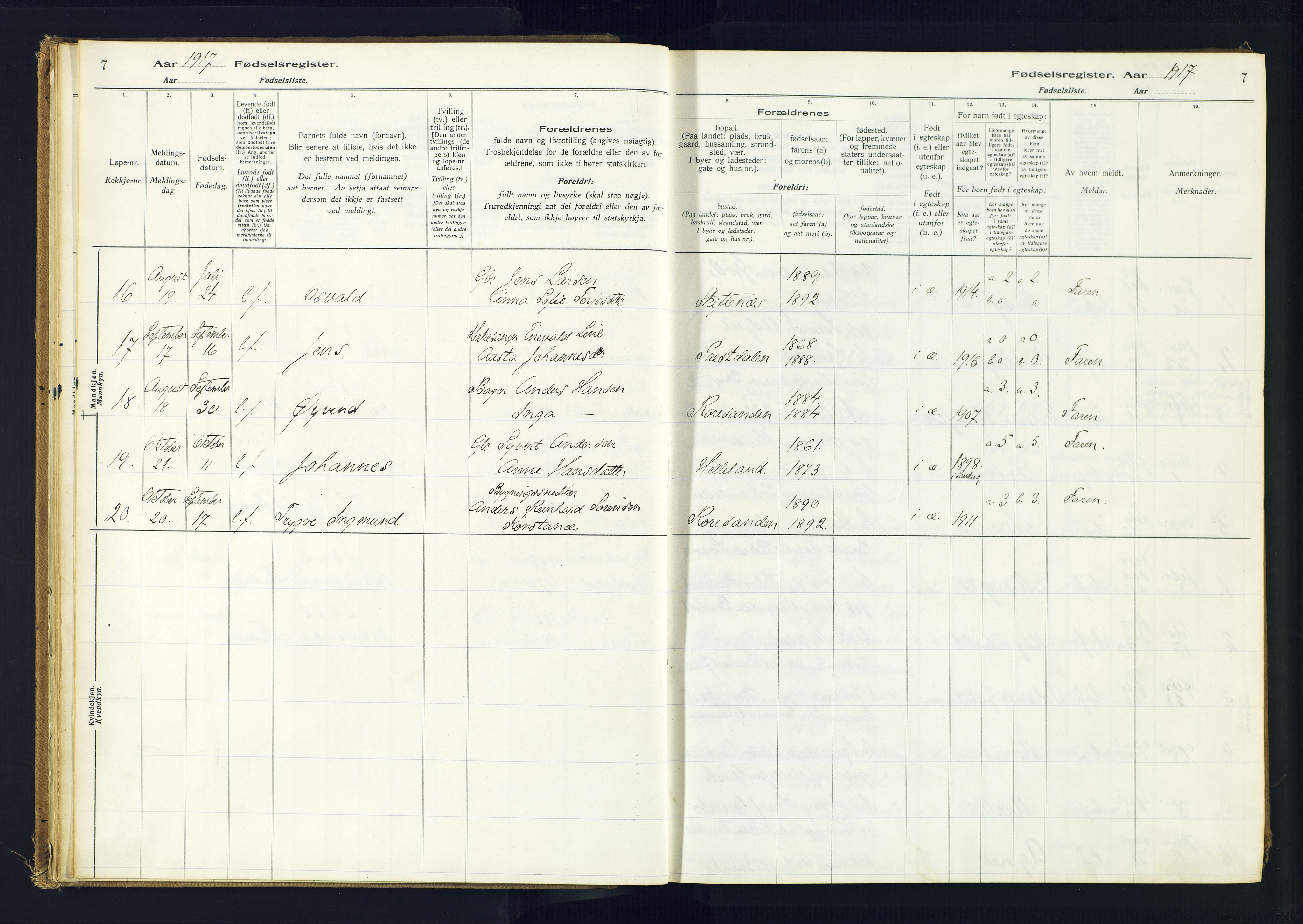 Hommedal sokneprestkontor, AV/SAK-1111-0023/J/Jd/L0001: Birth register no. 1, 1916-1962, p. 7