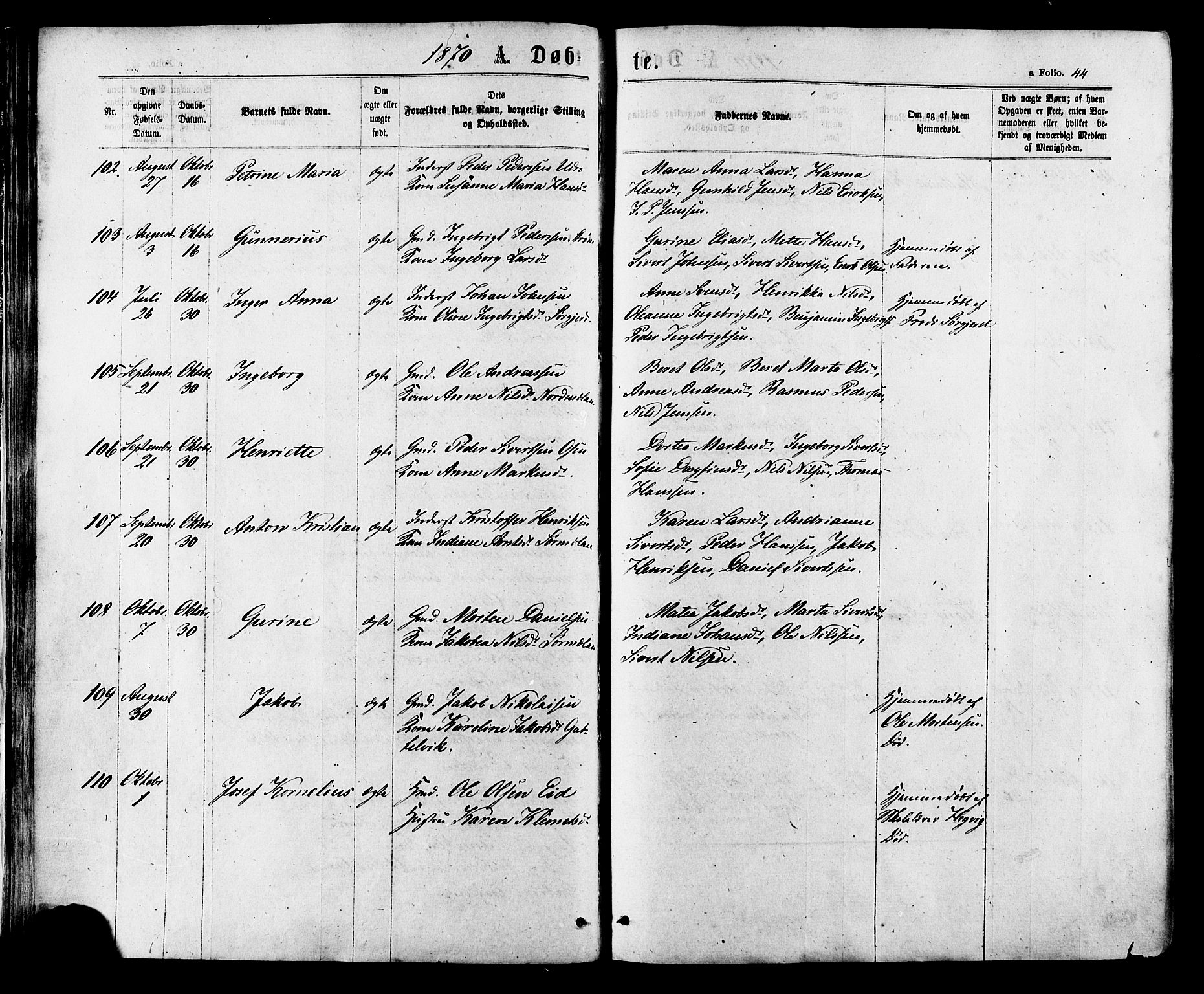 Ministerialprotokoller, klokkerbøker og fødselsregistre - Sør-Trøndelag, AV/SAT-A-1456/657/L0706: Parish register (official) no. 657A07, 1867-1878, p. 44