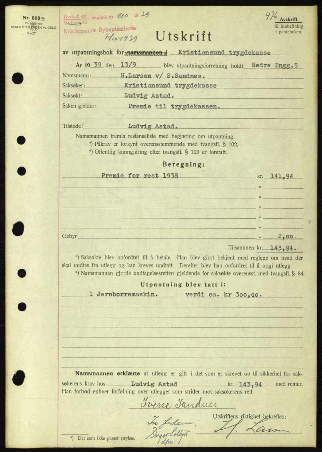 Kristiansund byfogd, AV/SAT-A-4587/A/27: Mortgage book no. 31, 1938-1939, Diary no: : 810/1939