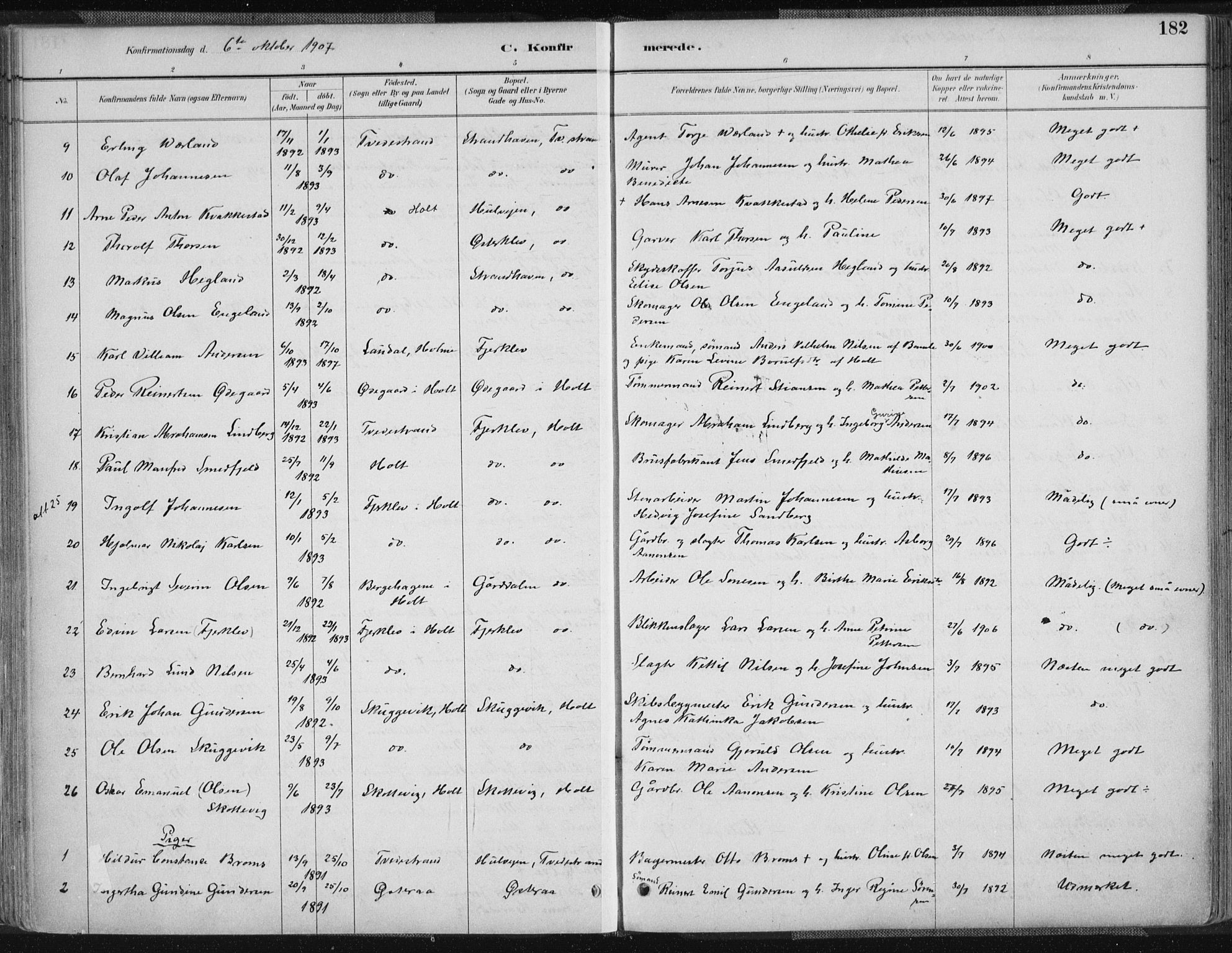 Tvedestrand sokneprestkontor, AV/SAK-1111-0042/F/Fa/L0001: Parish register (official) no. A 1, 1885-1916, p. 182